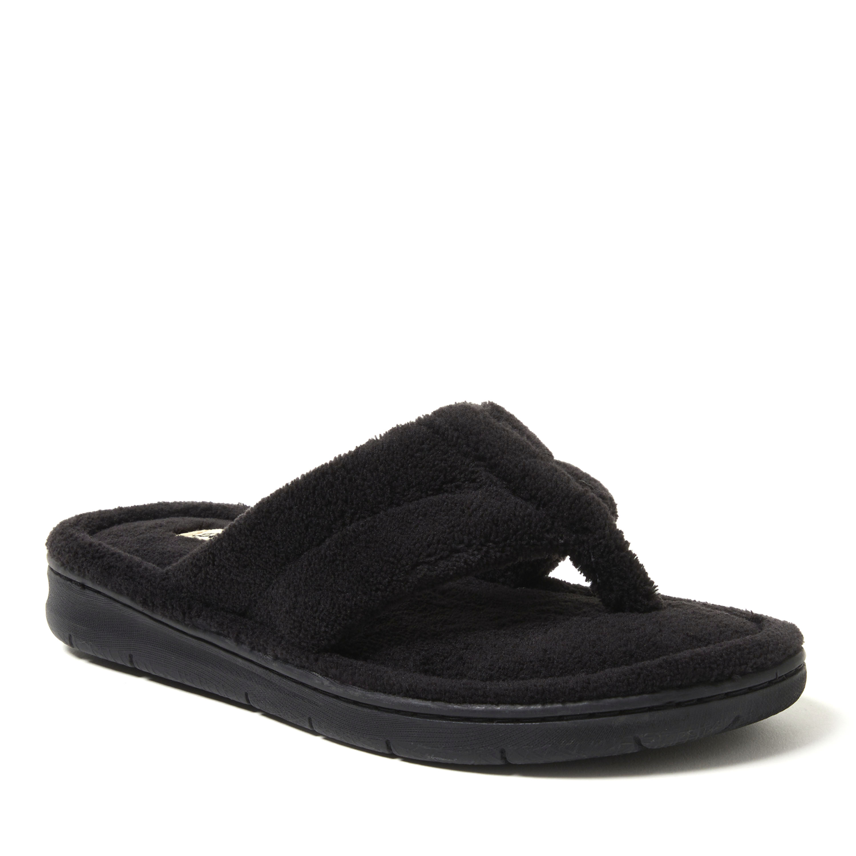 Dearfoams Wrenley Terry Thong Womens Memory Foam Slip-On Slippers, Medium, Black