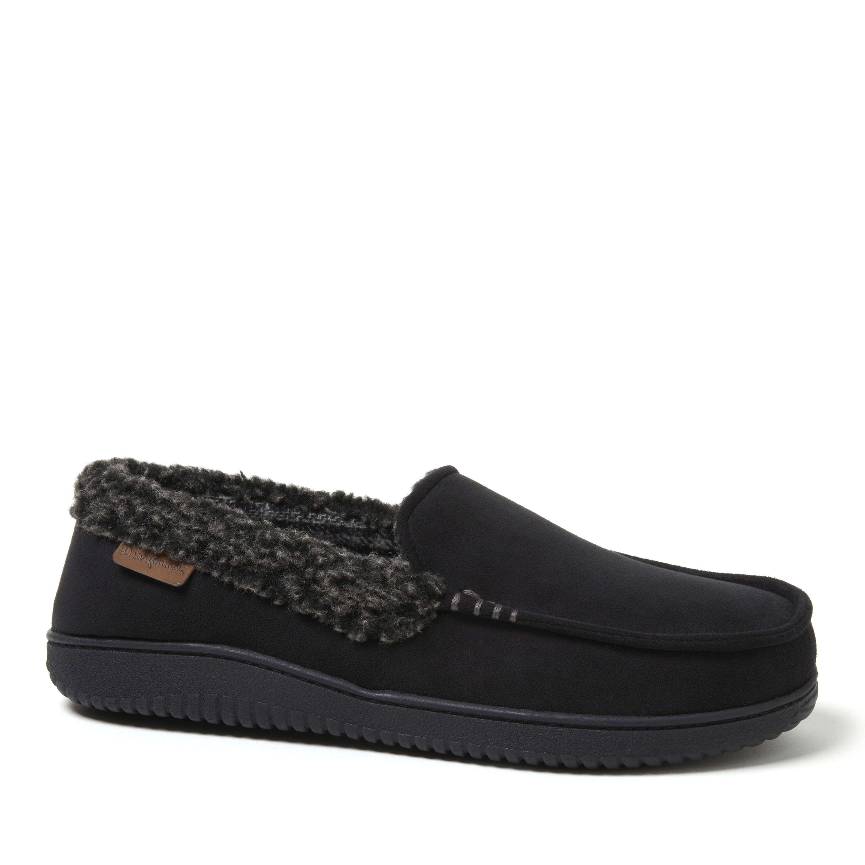 Dearfoams Men's Alexander Microsuede Moccasin With Berber Casing, Black