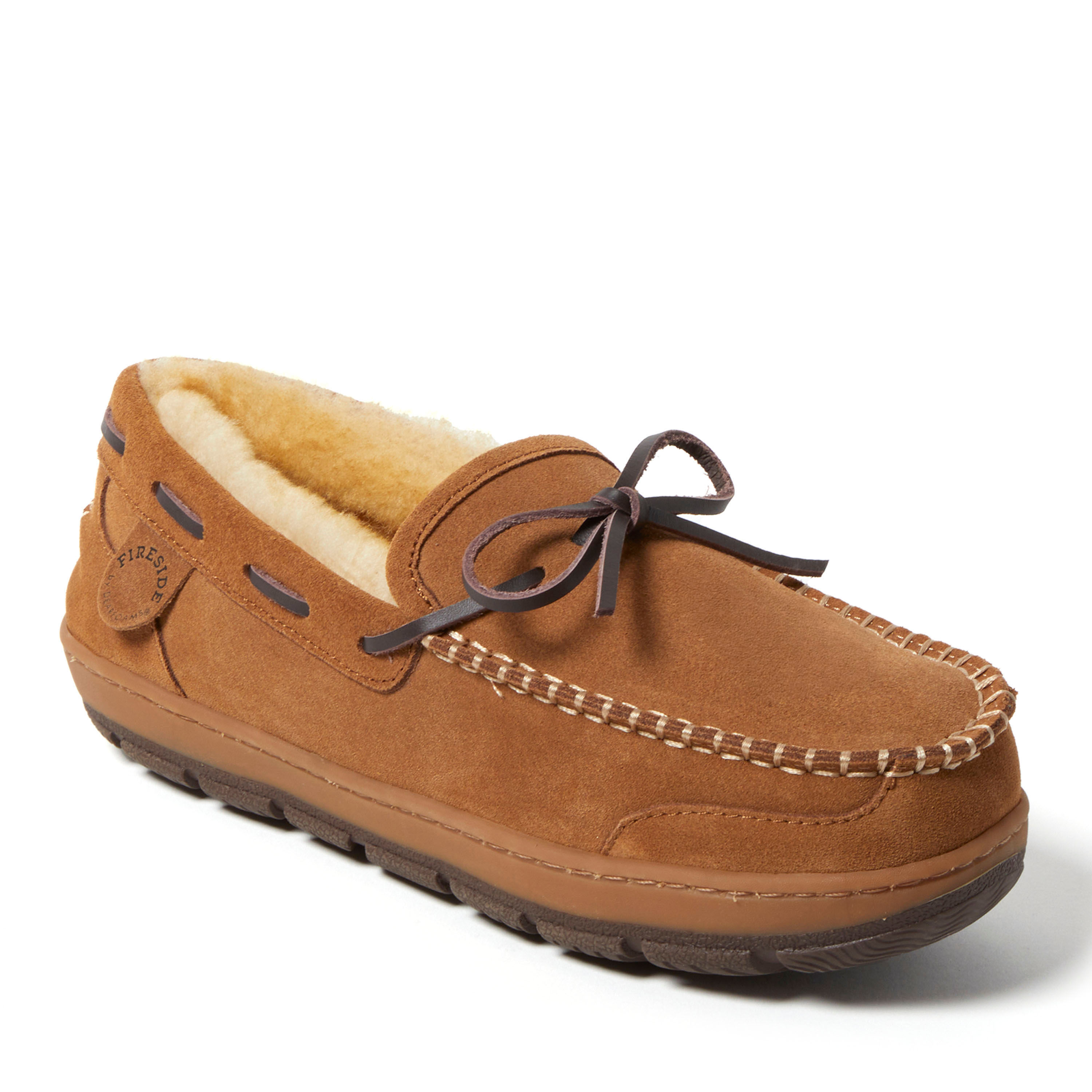 Men's Fireside by Dearfoams Forster Genuine Shearling MoccasinWith Stitching, Suede/Faux Shearling, Chestnut
