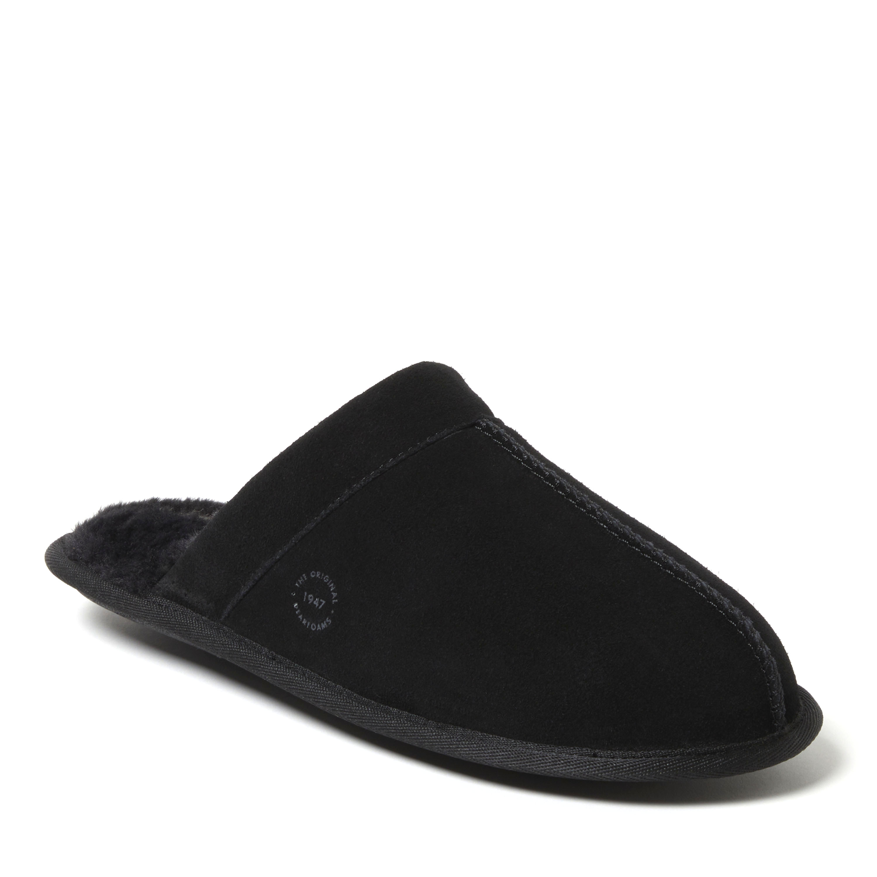 Dearfoams Men's Kirk Genuine Suede Scuff Slippers With Prayer Seam, Suede/Faux Shearling, Black