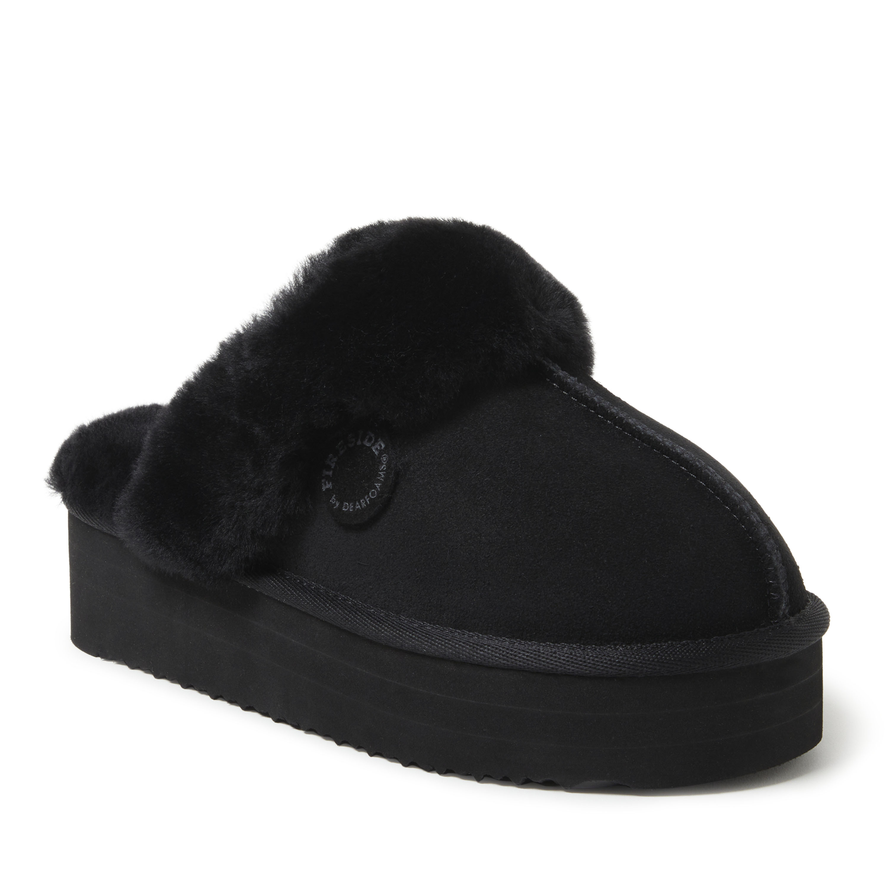 Women's Fireside by Dearfoams Melton Genuine Shearling Platform Scuff, Suede/Faux Shearling, Black