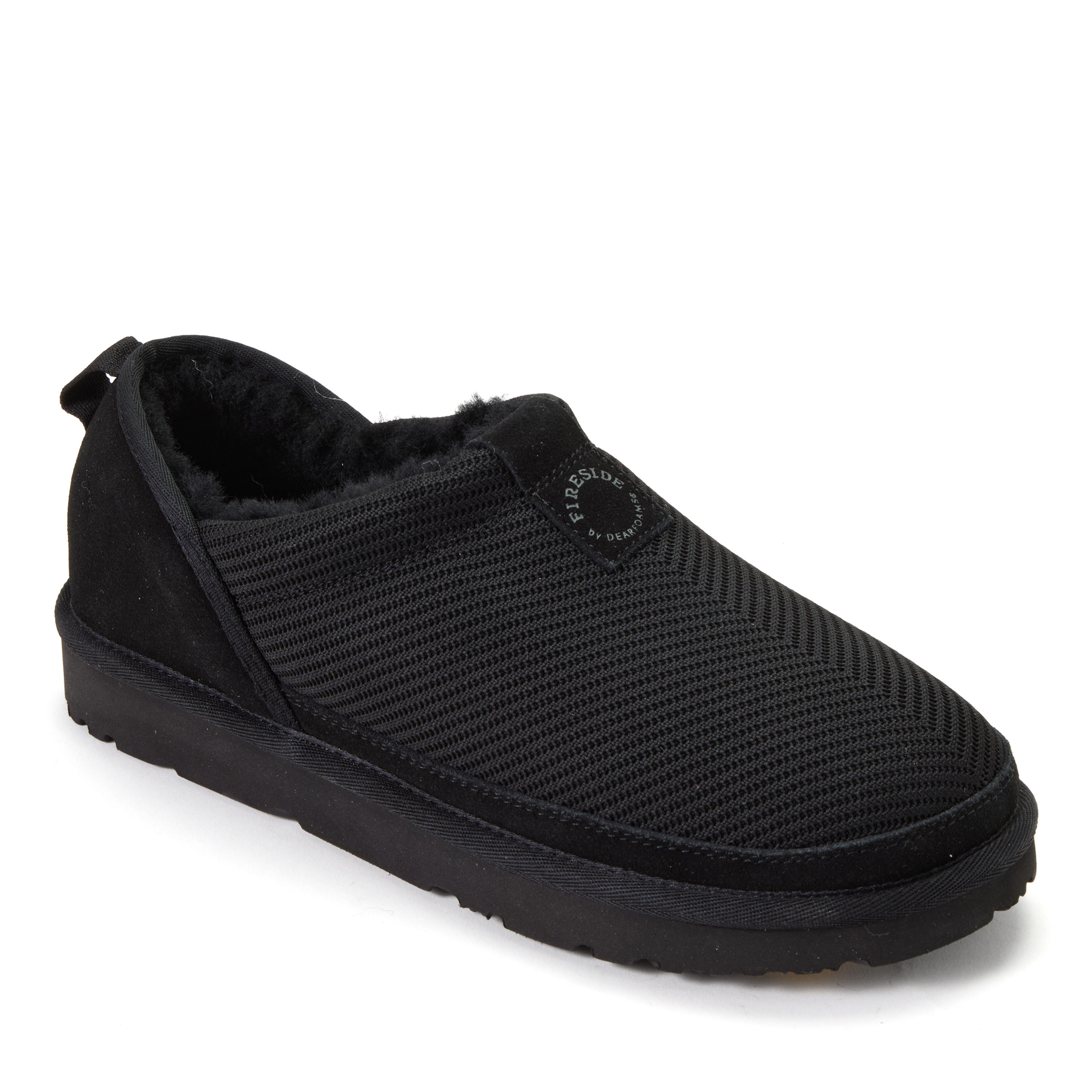 Women's Fireside by Dearfoams Sport Knit And Suede Slip On Shoetie - Water Repellent, Suede/Faux Shearling, Black