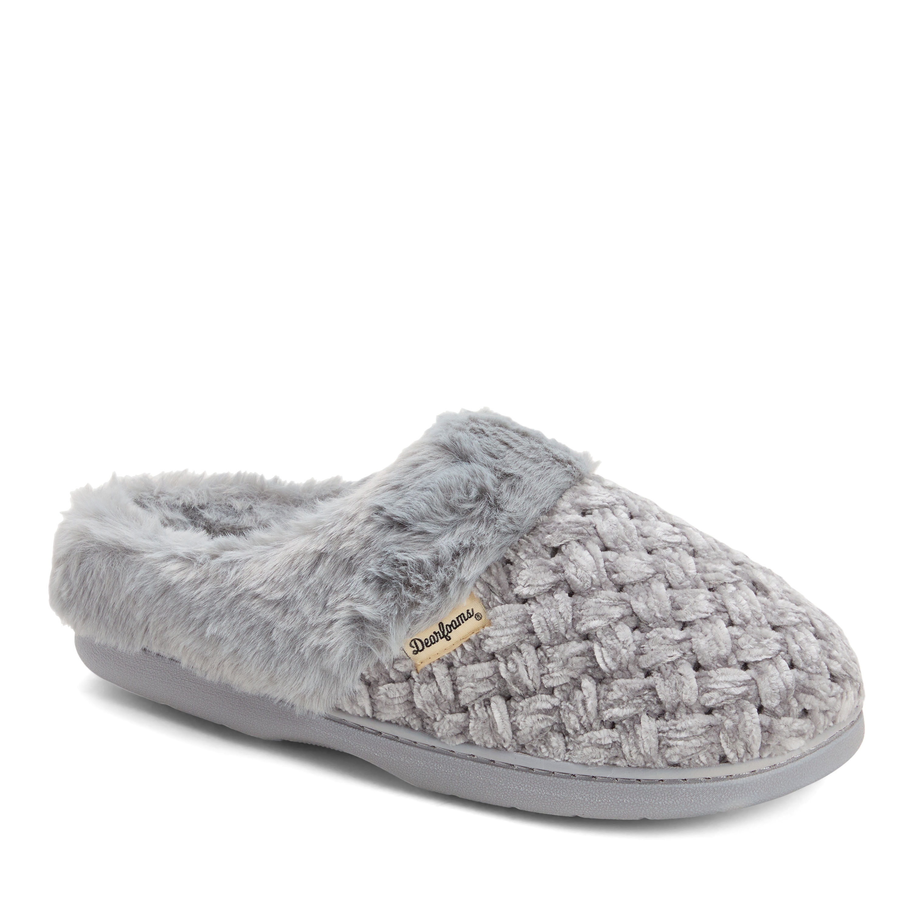 Dearfoams Claire Cable Knit Chenille Womens Memory Foam Clog Slippers, Medium, Gray
