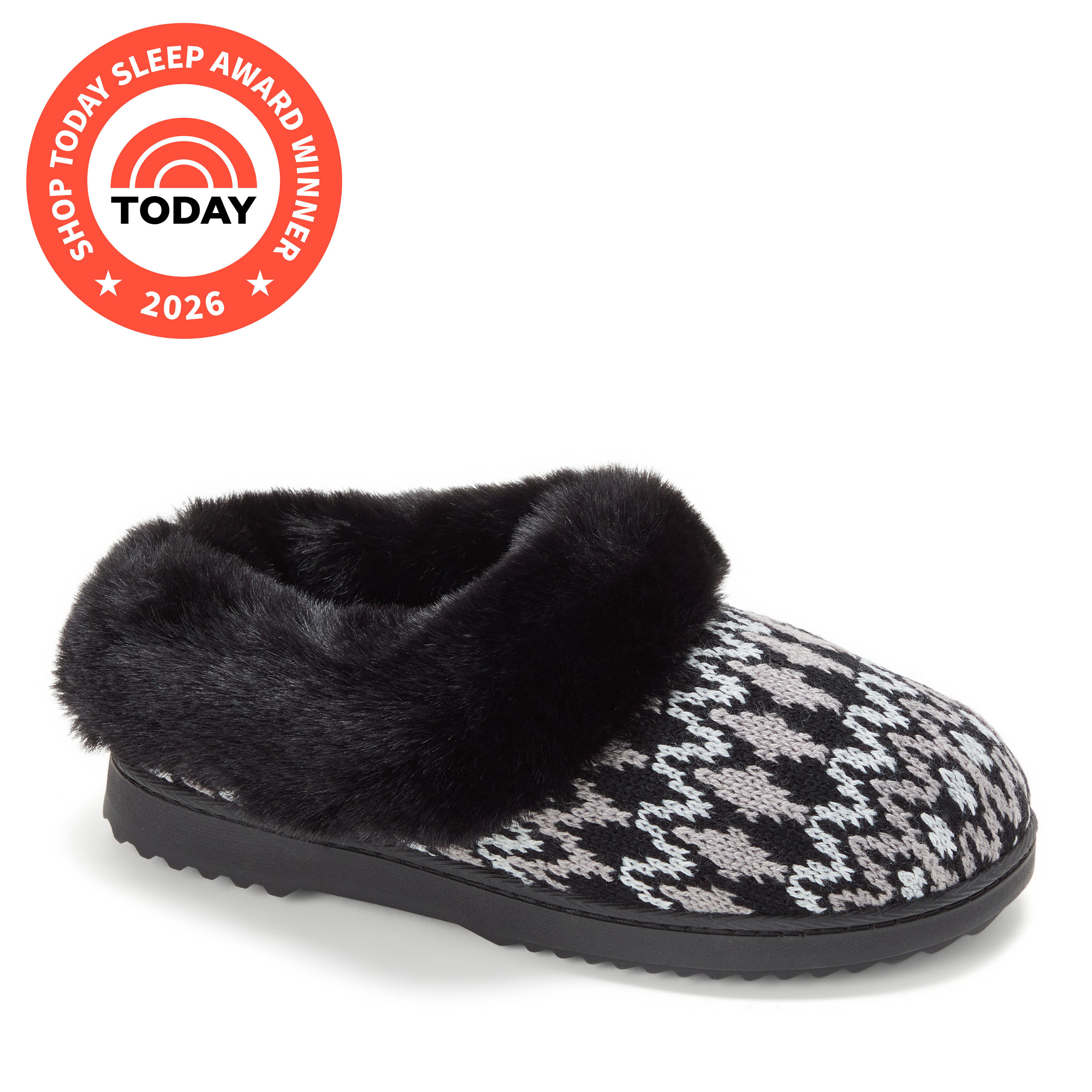 Dearfoams Hannah Festive Knit Womens Memory Foam Clog Slippers, Medium, Black