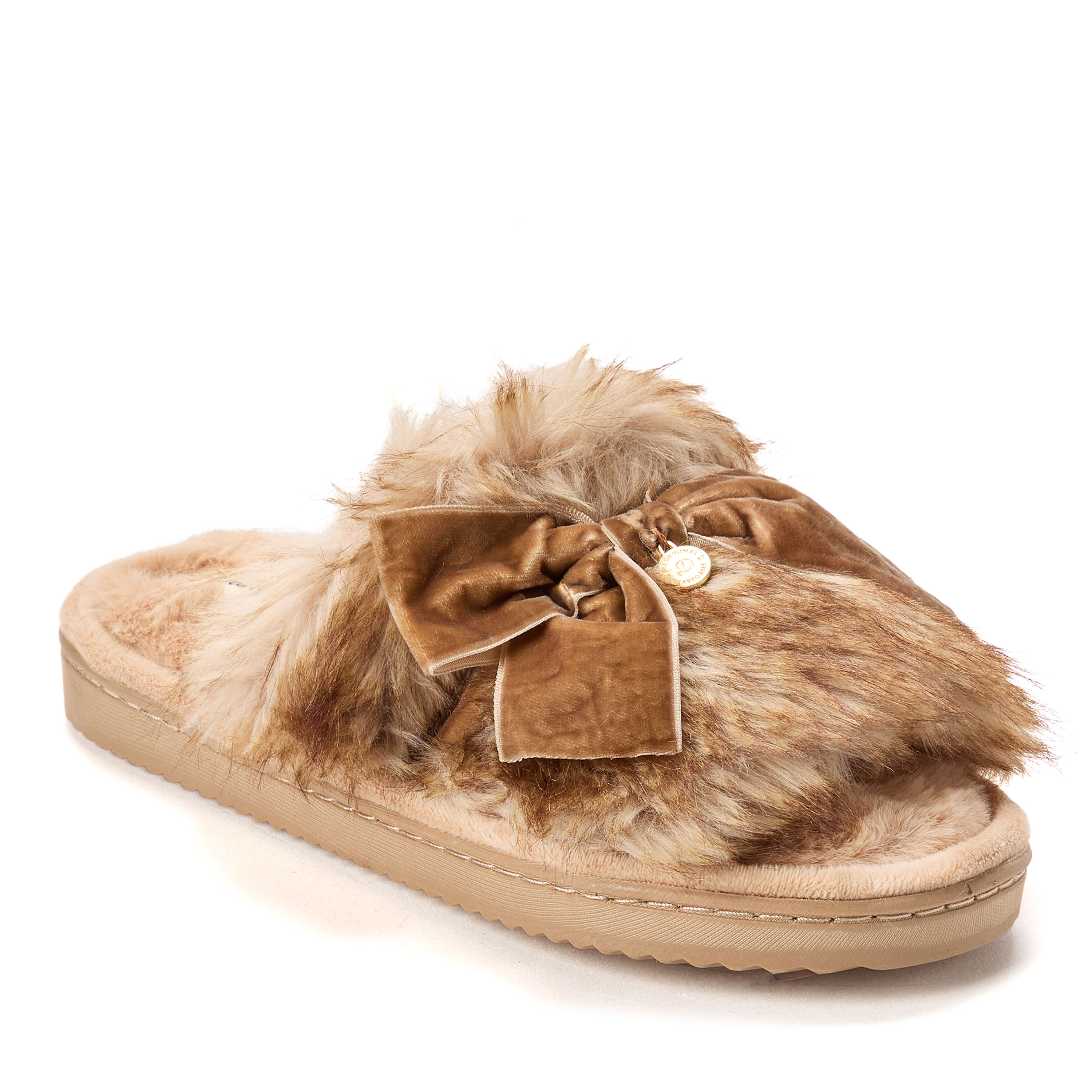 Dearfoams Women's Bianca Pile Slide Slipper with Bow - Natural