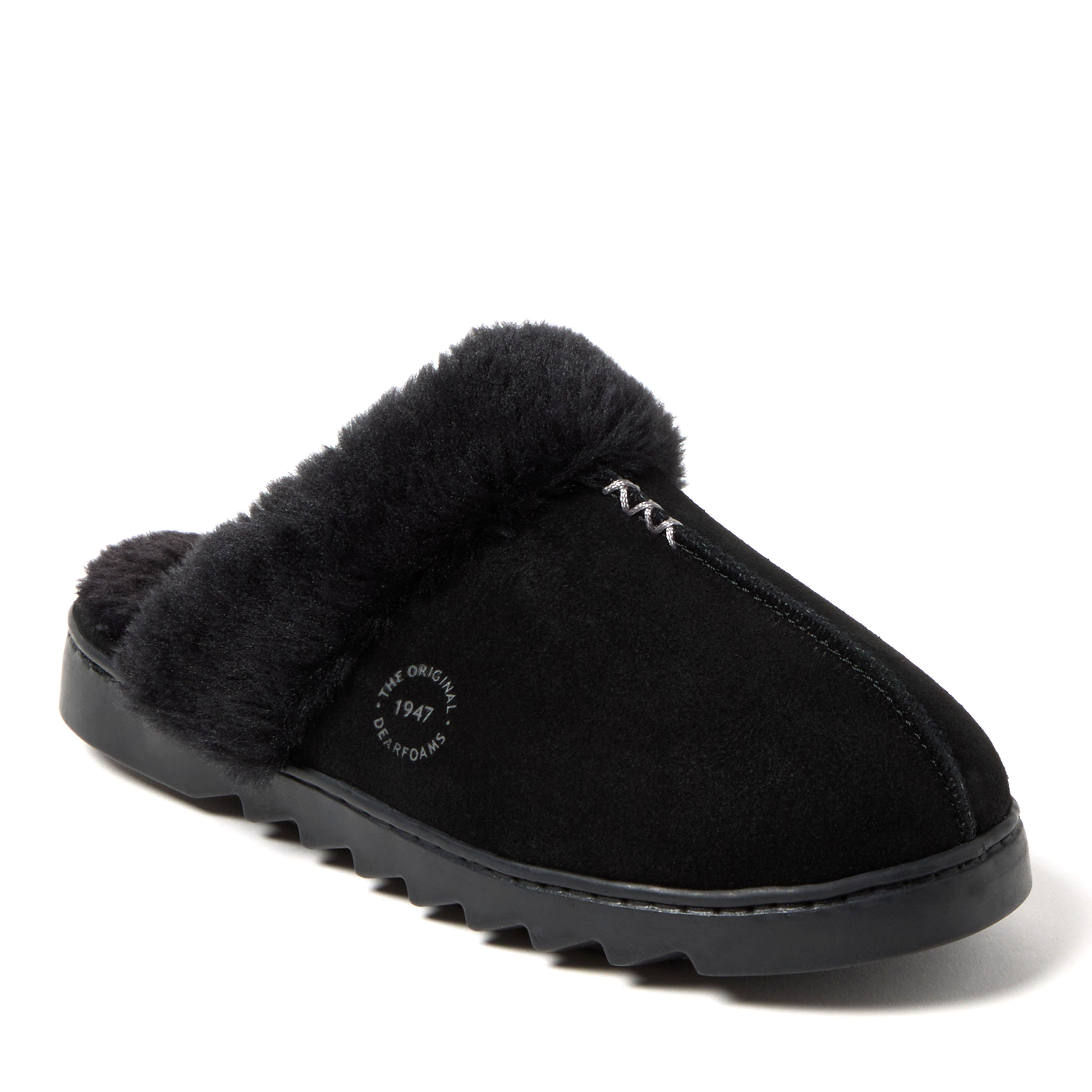 Dearfoams Women's Helena Genuine Suede Scuff With Prayer Seam, Suede/Faux Shearling, Black