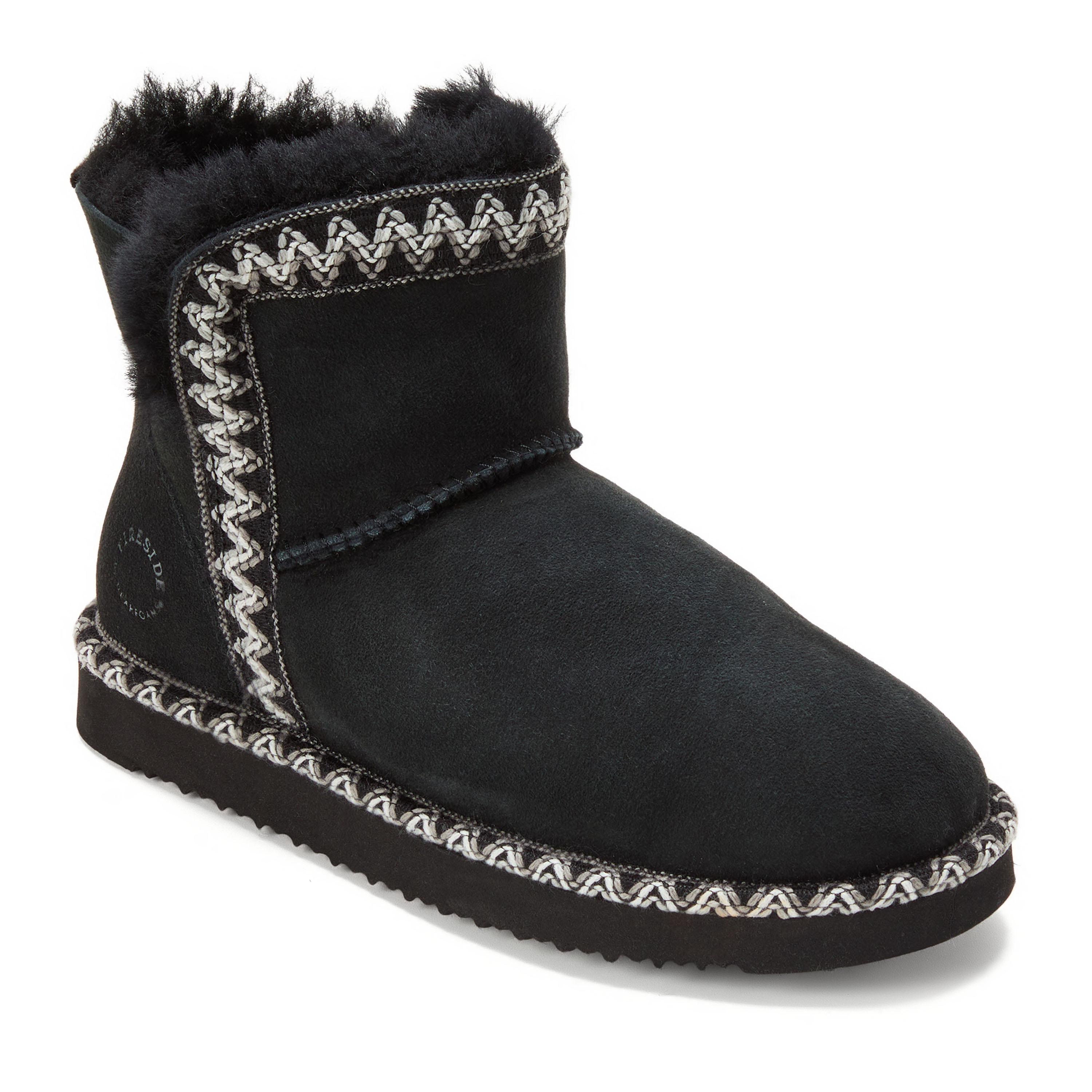 Women's Fireside by Dearfoams Perth Genuine Shearling Fold Down Bootie With Taping, Suede/Faux Shearling, Black