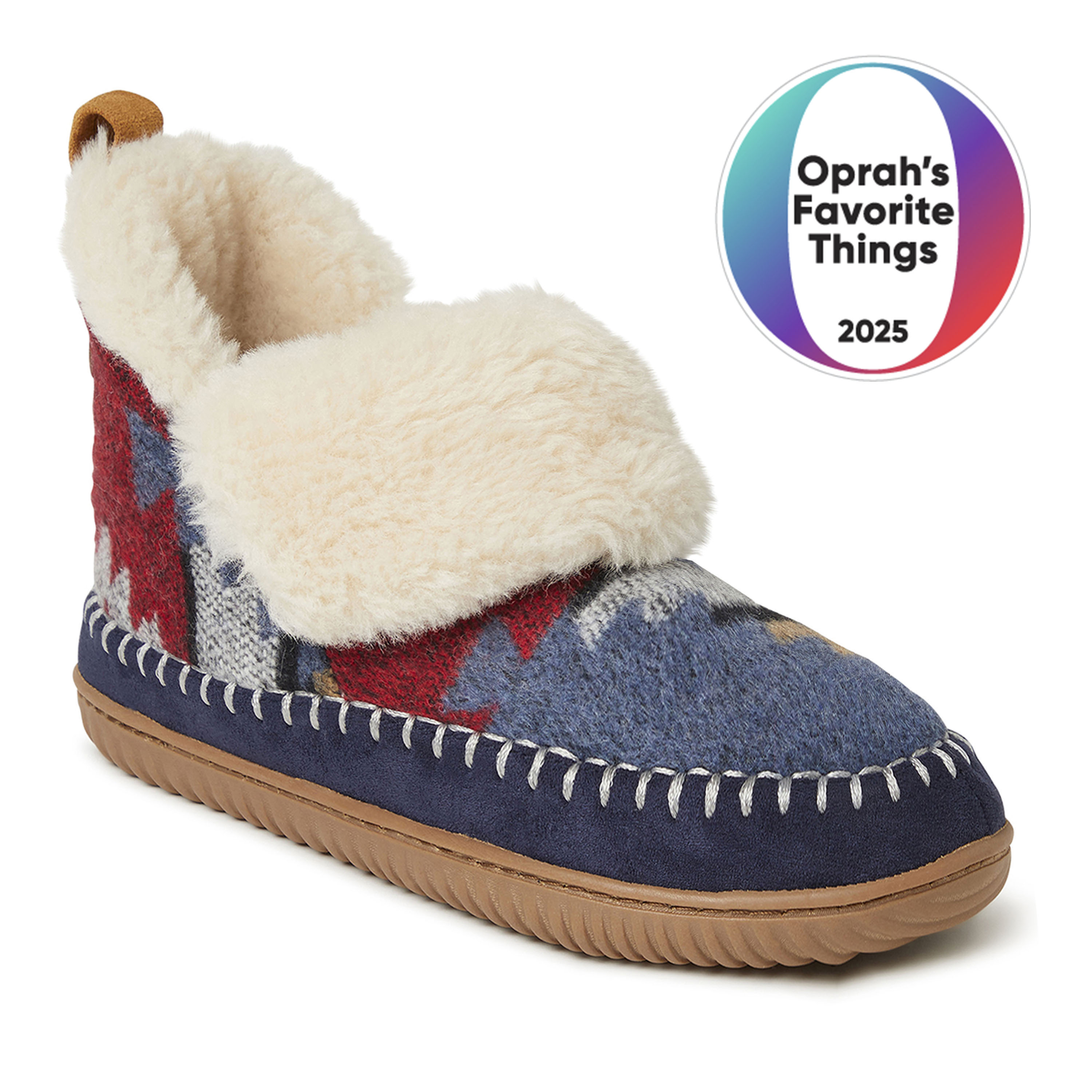 Dearfoams Women's Moritz Energy Return Bootie, Faux Fur, Navy Multi
