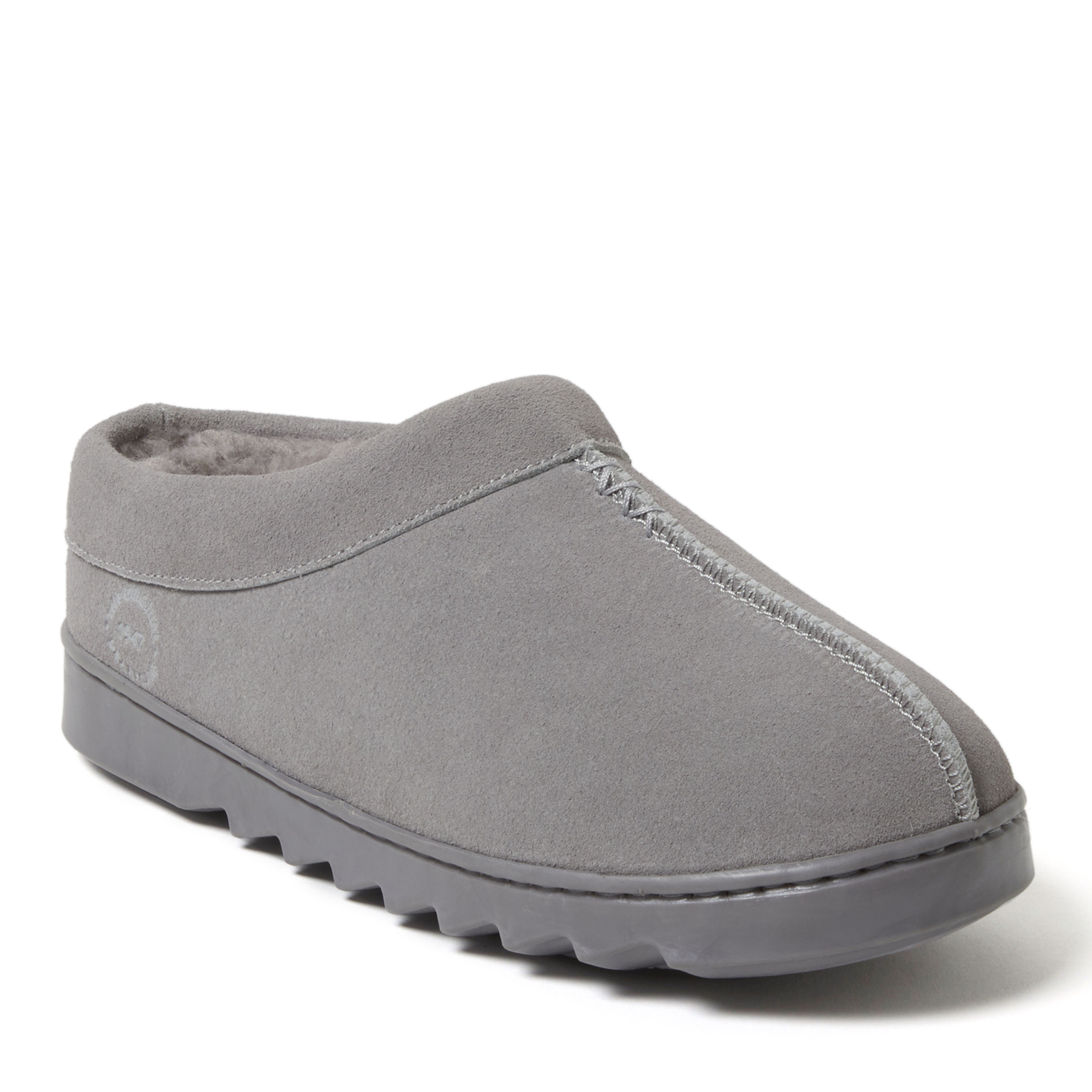 Dearfoams Women's Doreen Genuine Suede Clog With Prayer Seam, Suede/Faux Shearling, Grey