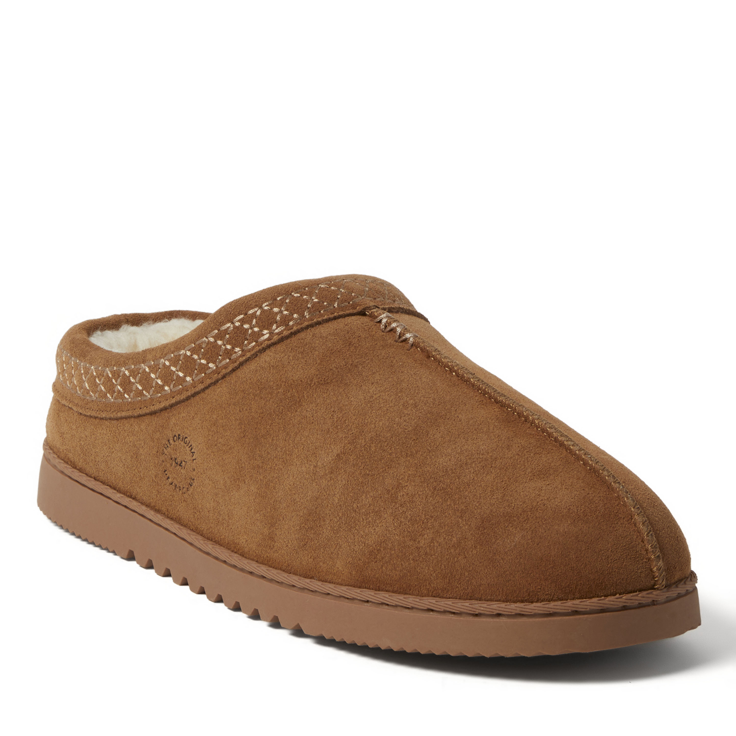 Dearfoams Men's Dean Genuine Suede Clog Slipper with Embroidery - Chestnut