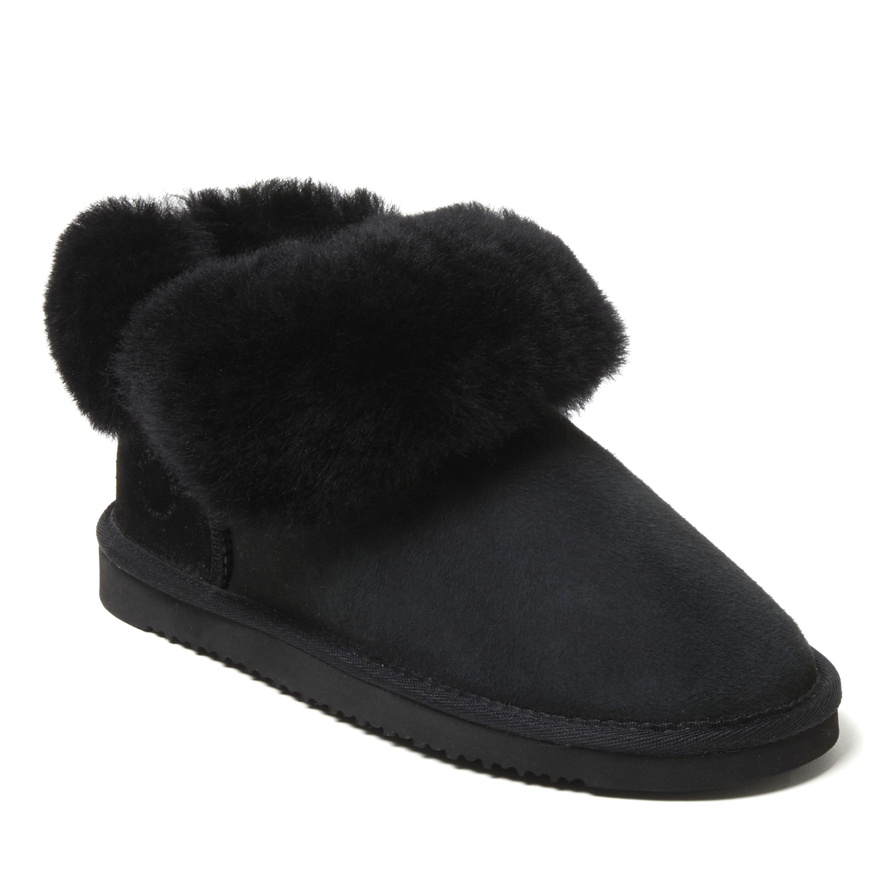 Women's Fireside by Dearfoams Perth Genuine Shearling Foldover Boot Slipper, Suede/Faux Shearling, Black