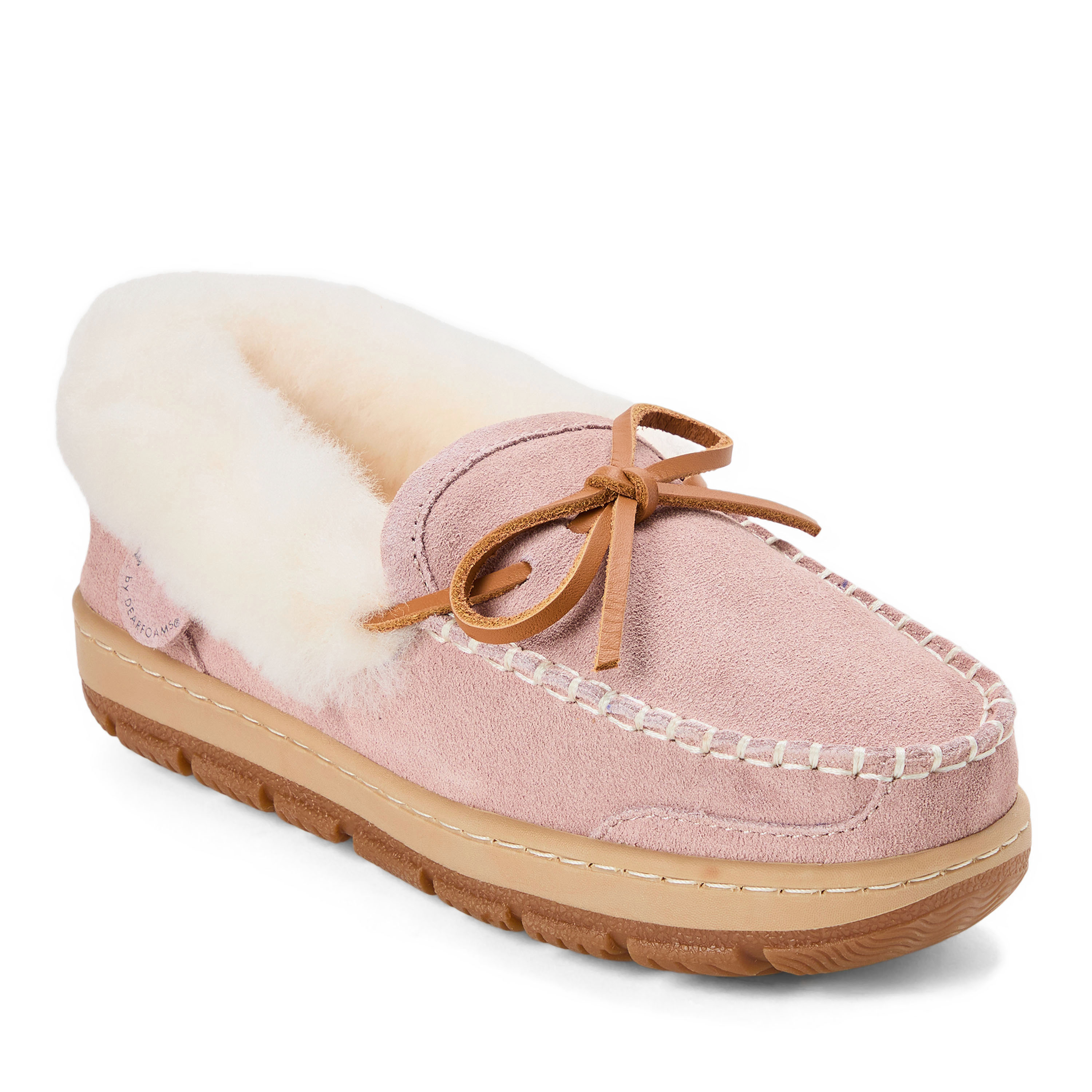 Dearfoams Women's Fireside Gladstone Moccasin Genuine Shearling with Stitching, Suede/Faux Shearling, Dusty Pink