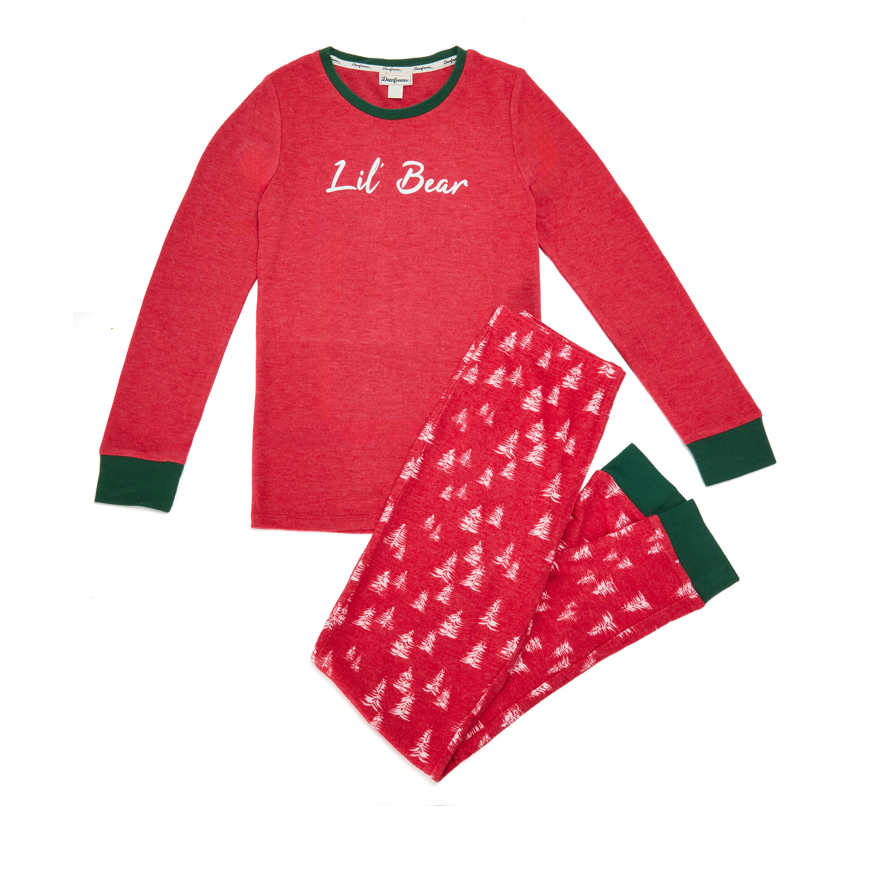 Dearfoams Youth/Toddler Trees Lil Bear 2 Piece Pajama Slipper Set, Red