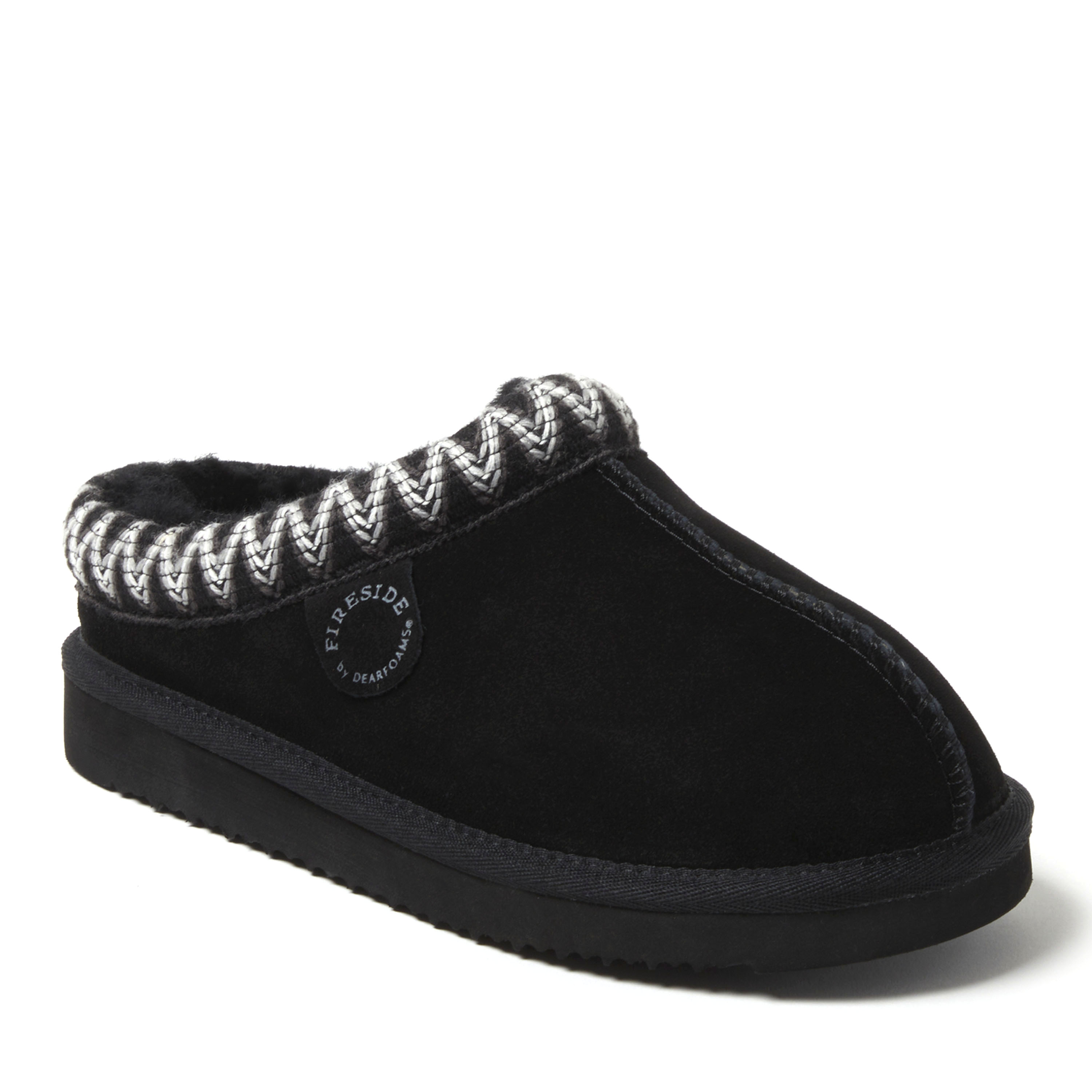 Women's Fireside by Dearfoams Greta Genuine Shearling Clog With Taping - Water Resistant, Suede/Faux Shearling, Black