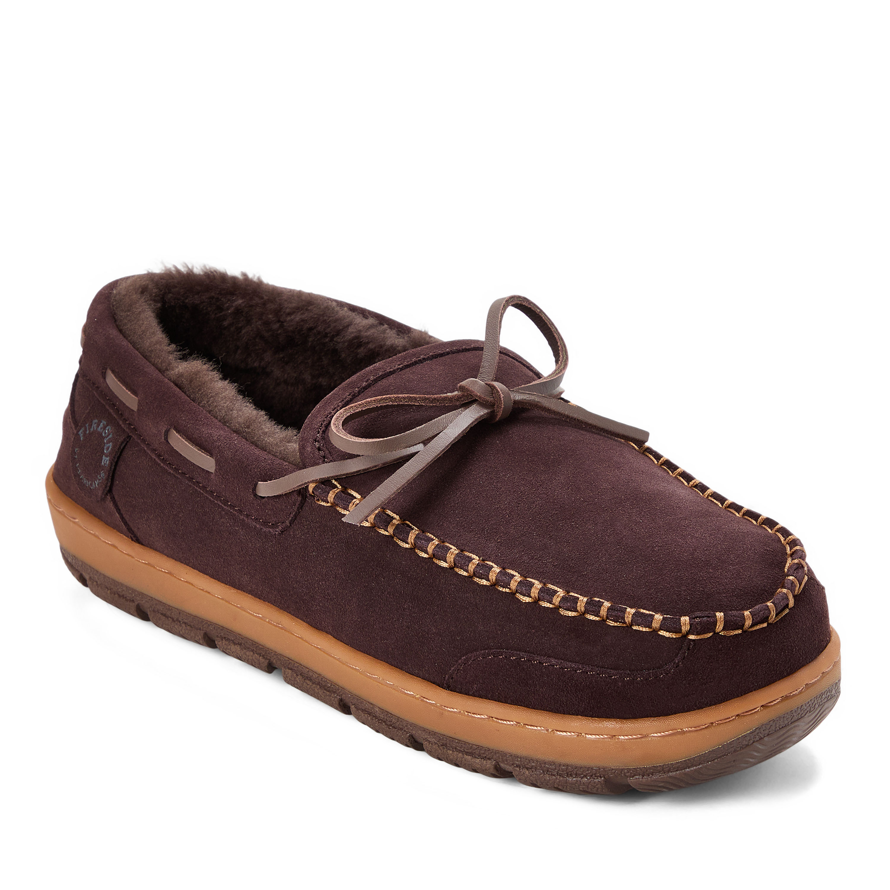 Men's Fireside by Dearfoams Forster Genuine Shearling MoccasinWith Stitching, Suede/Faux Shearling, Coffee