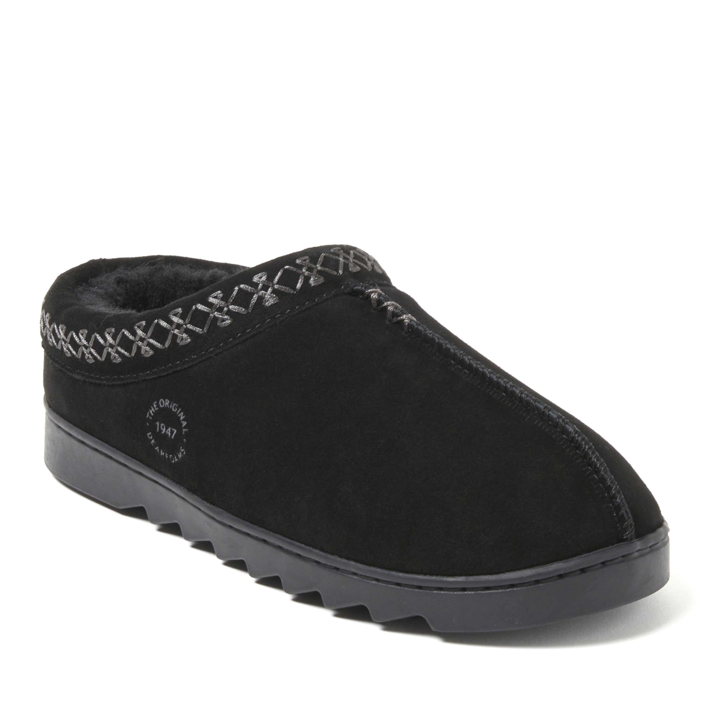 Dearfoams Women's Doreen Genuine Suede Clog with Embroidery, Suede/Faux Shearling, Black