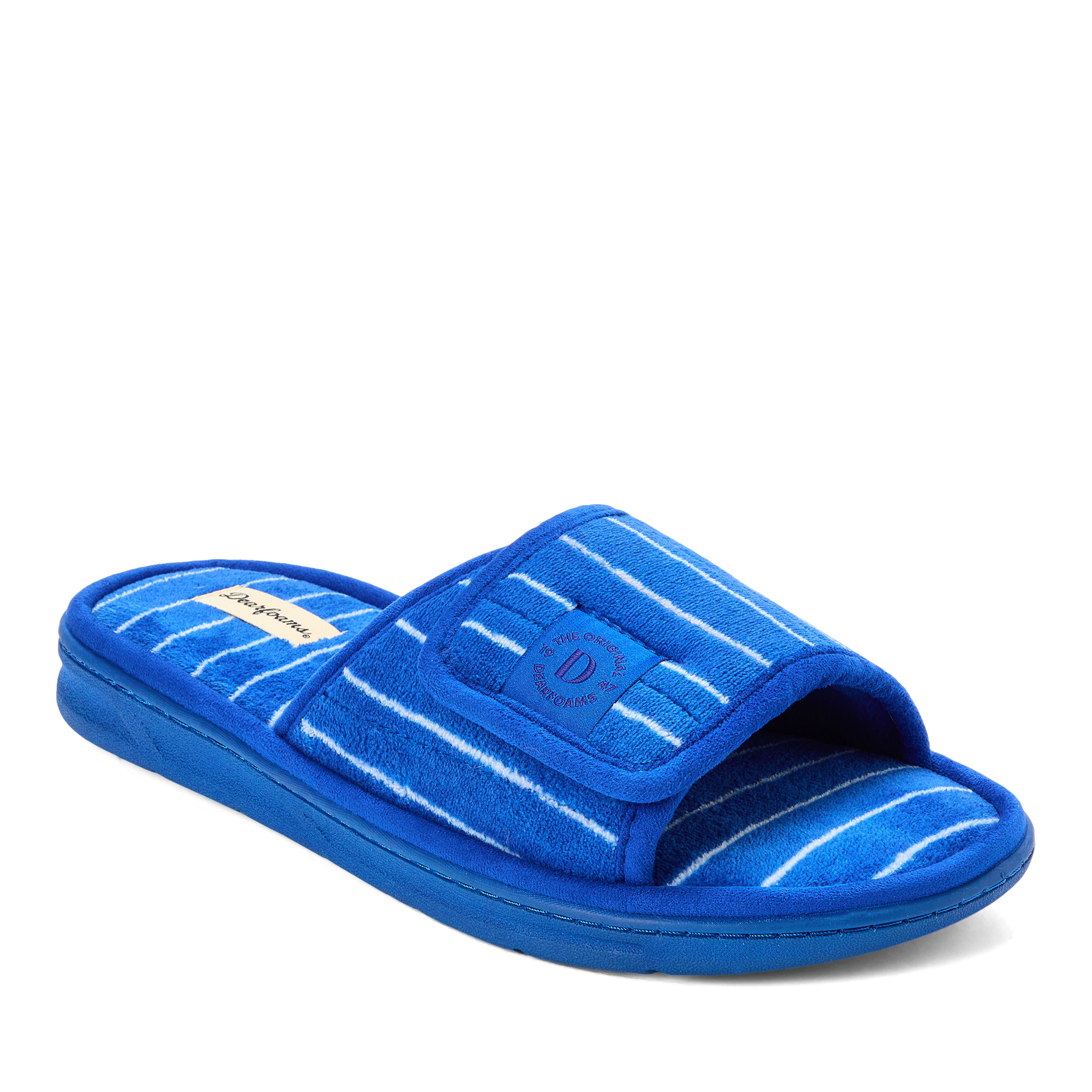 Dearfoams Men's Collin Terry Adjustable Shower Slide House Slipper - Blue stripe