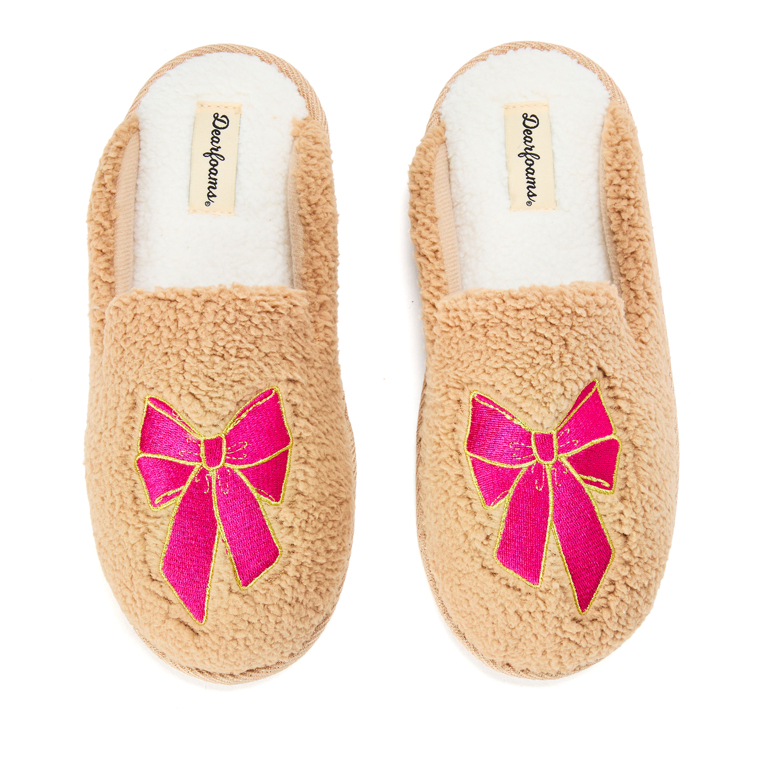 Dearfoams Teddy Heart Scuff Womens Memory Foam Slip-On Slippers, Medium, Brown
