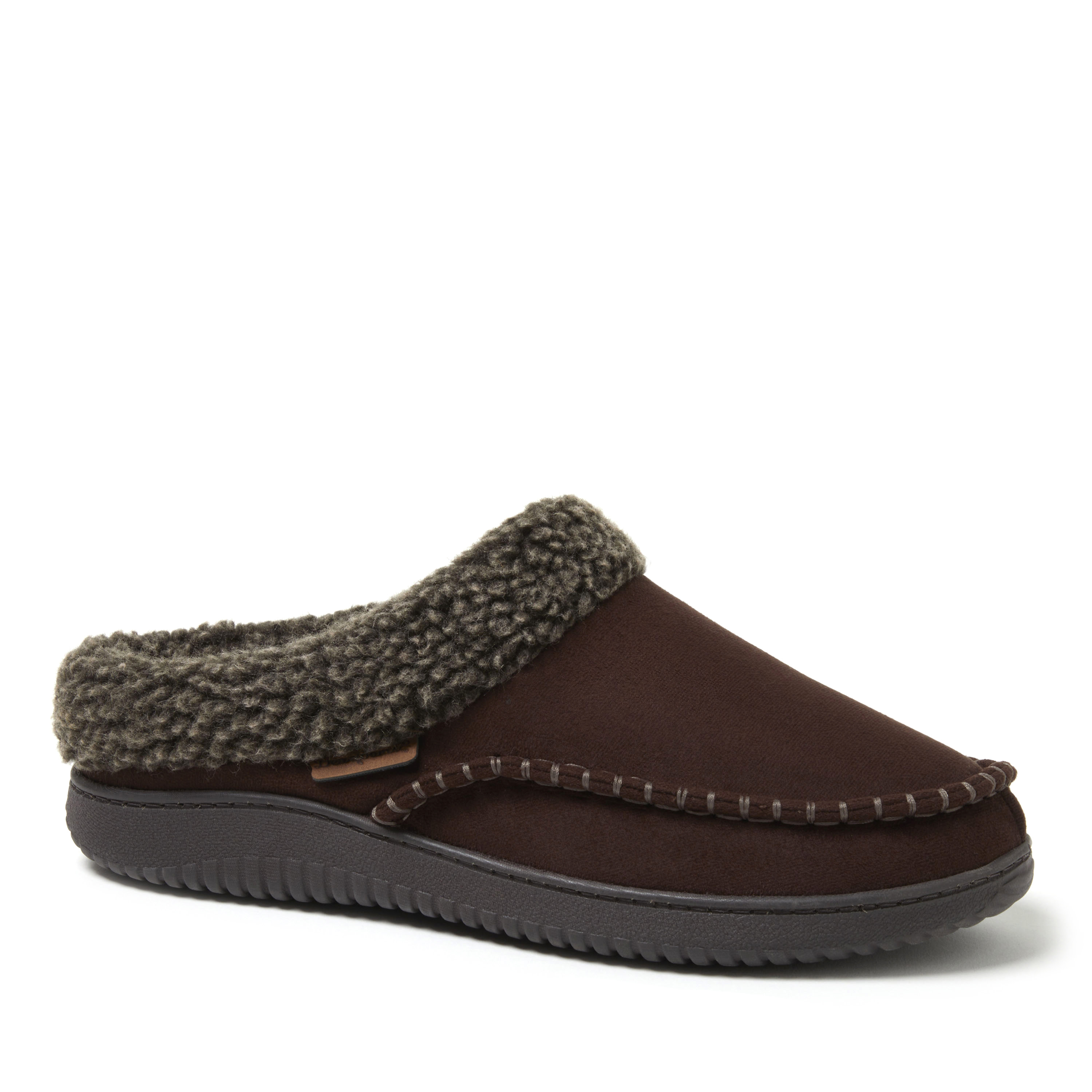 Dearfoams Marshall Microsuede Moc Toe Mens Memory Foam Clog Slippers, Medium, Brown