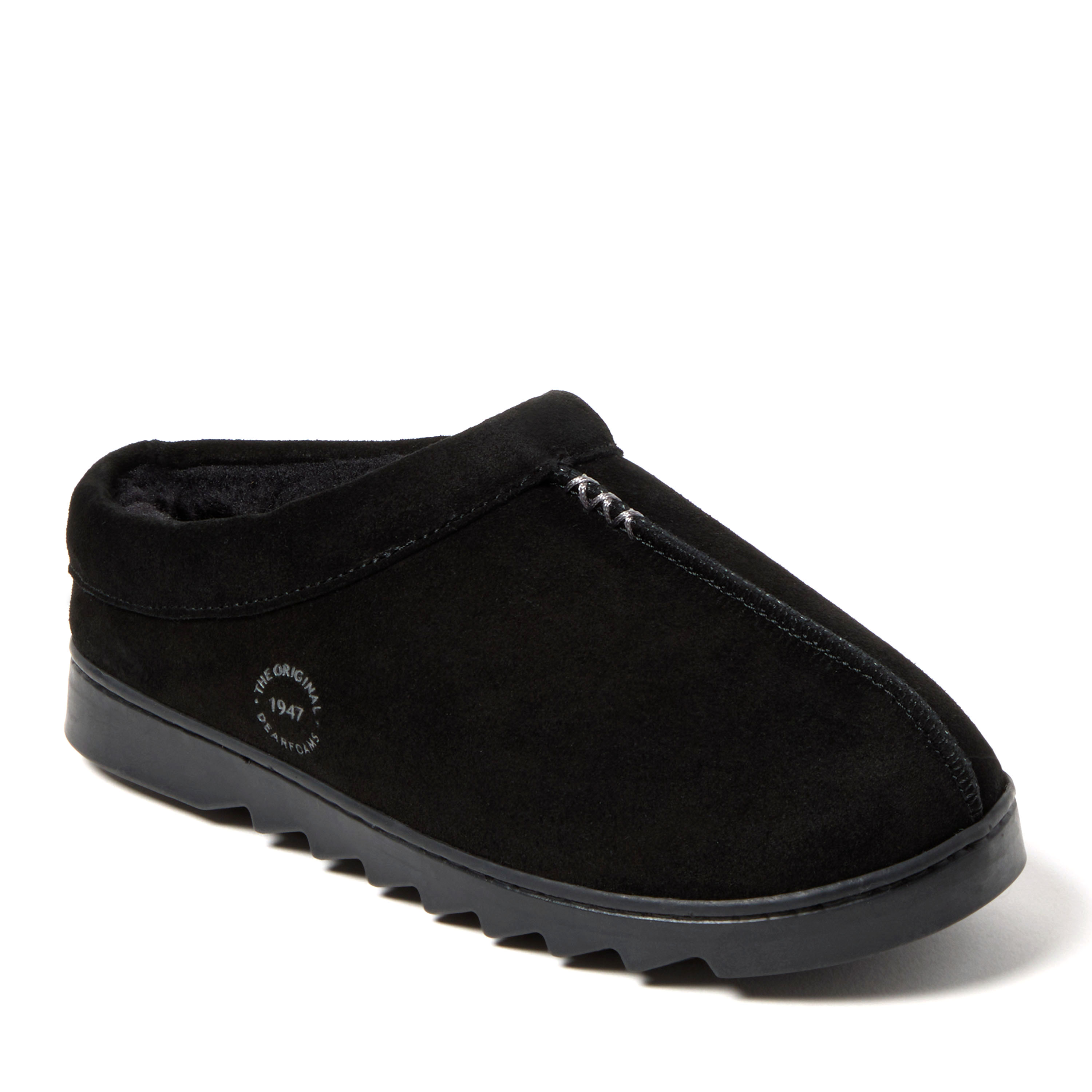 Dearfoams Women's Doreen Genuine Suede Clog With Prayer Seam, Suede/Faux Shearling, Black