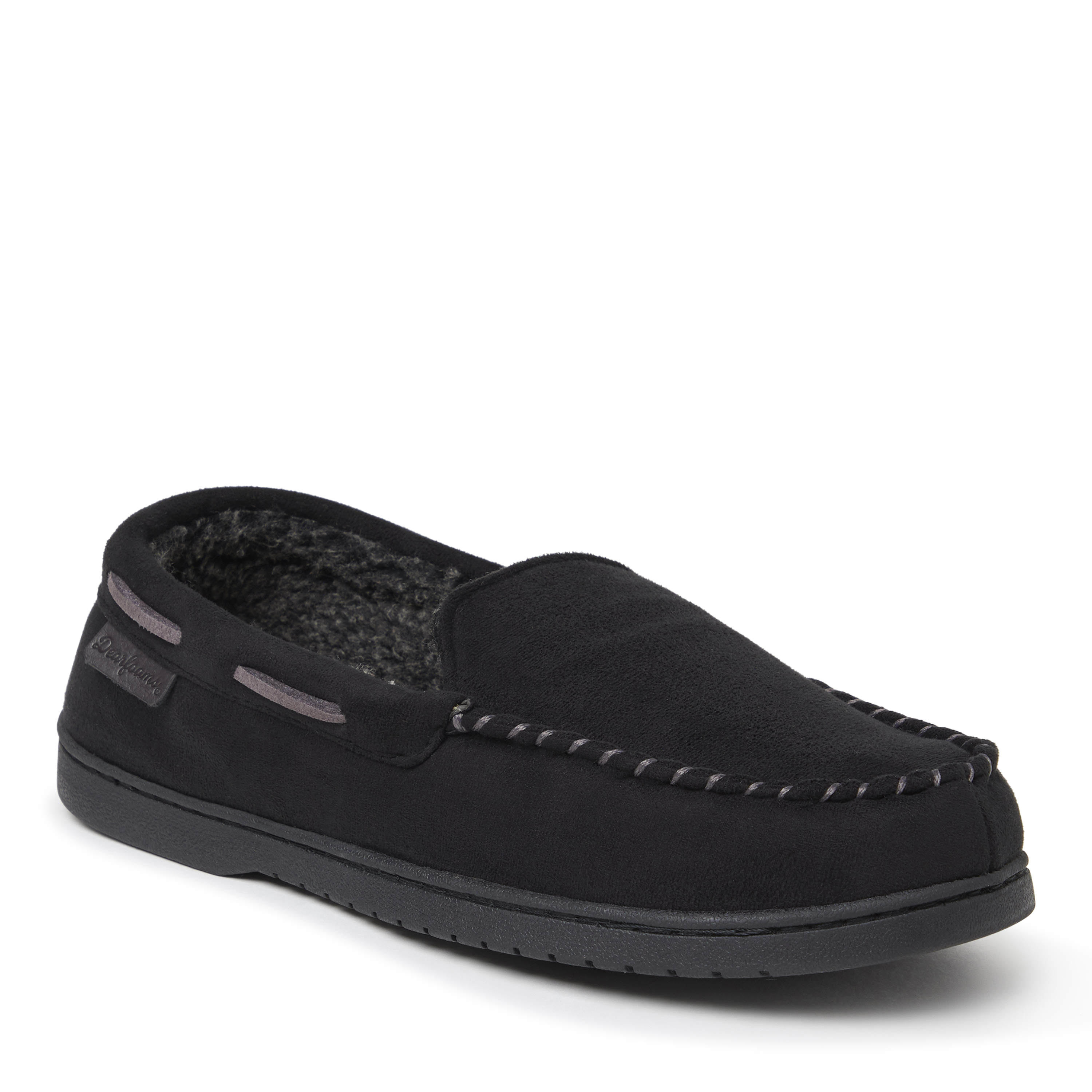 Dearfoams Keaton Perforated Microfiber Suede Moc W Whipstitch Mens Moccasin Slippers, X-large, Black
