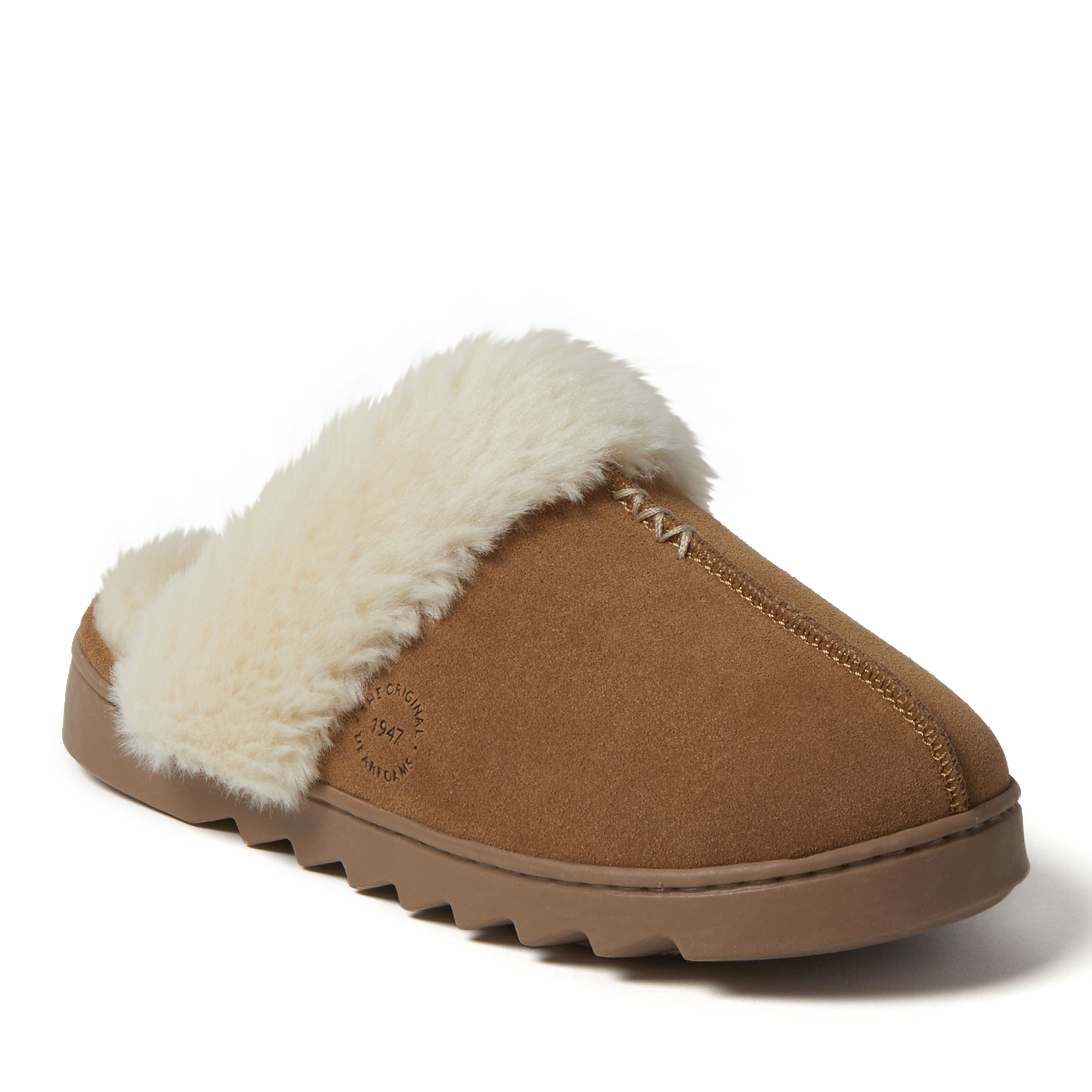 Dearfoams Women's Helena Genuine Suede Scuff With Prayer Seam, Suede/Faux Shearling, Chestnut