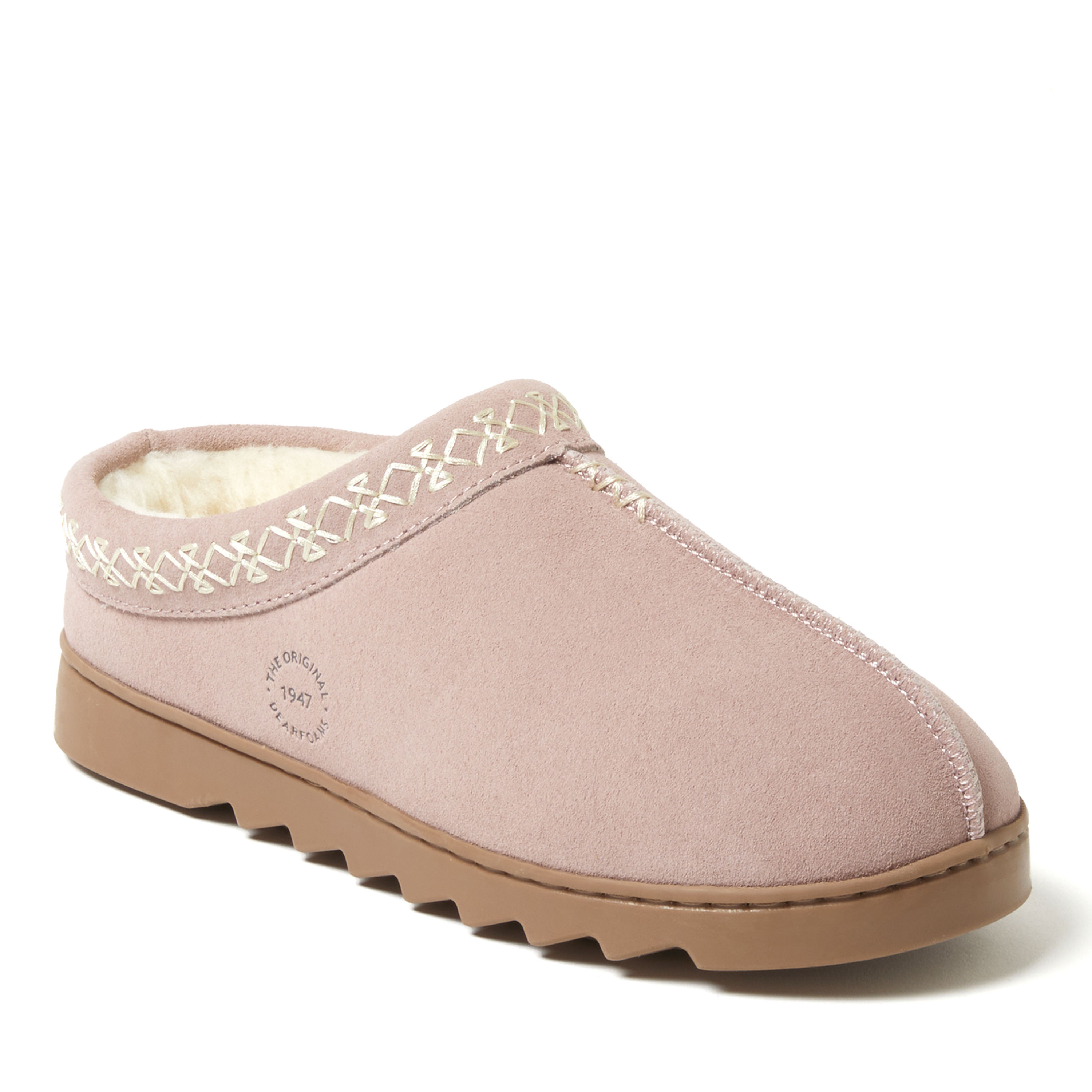 Dearfoams Women's Doreen Genuine Suede Clog with Embroidery, Suede/Faux Shearling, Dusty Pink
