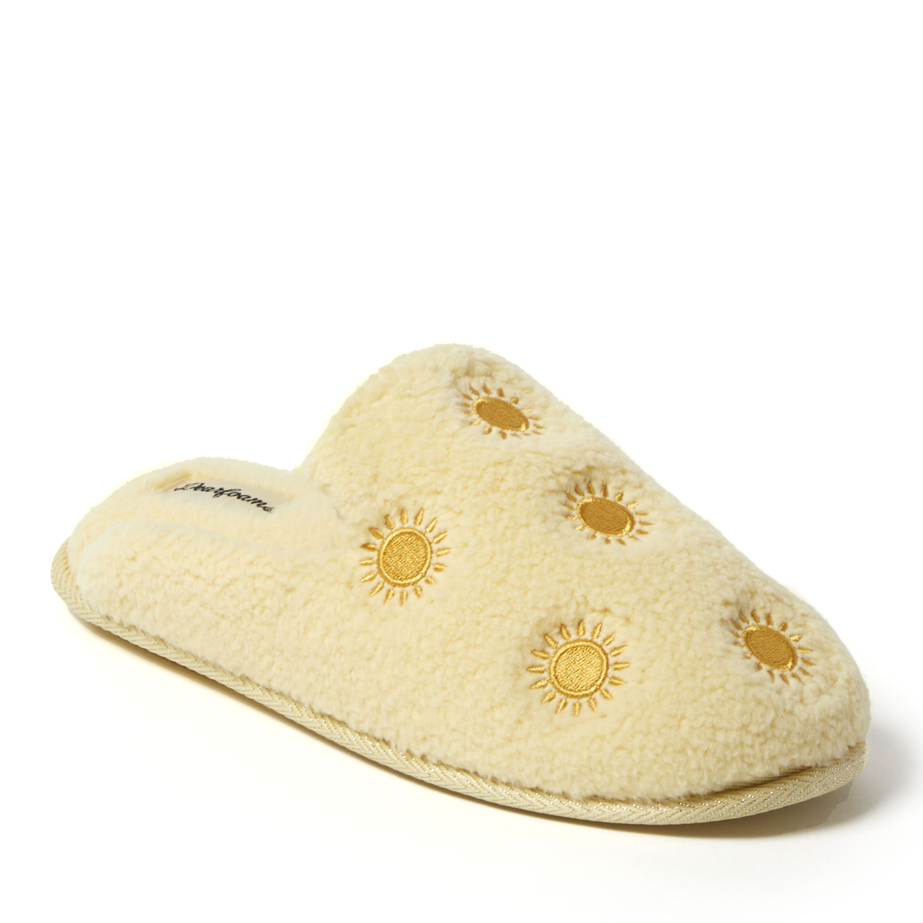 Dearfoams Teddy Tab Scuff Womens Memory Foam Slip-On Slippers, Large, Yellow