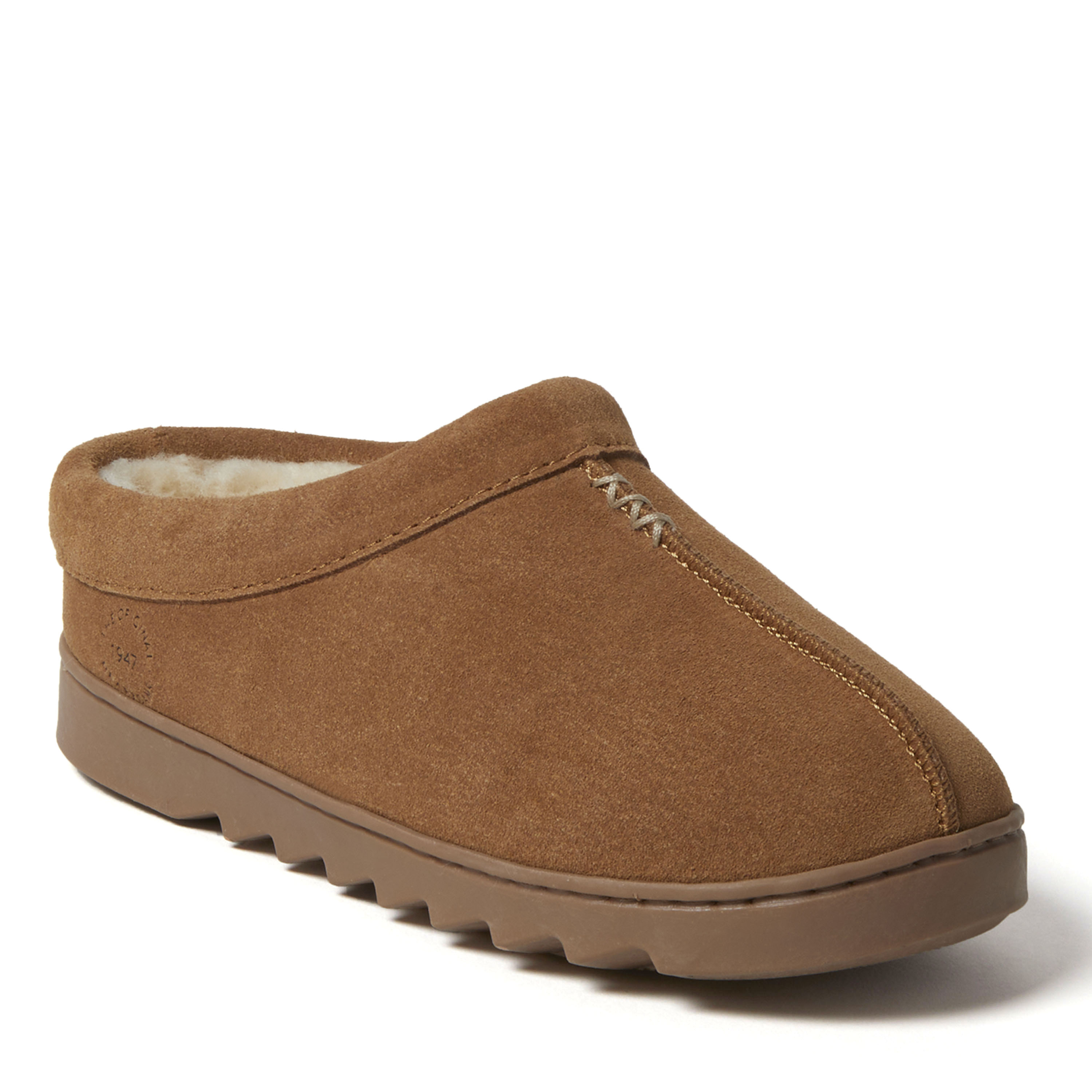 Dearfoams Women's Doreen Genuine Suede Clog With Prayer Seam, Suede/Faux Shearling, Chestnut