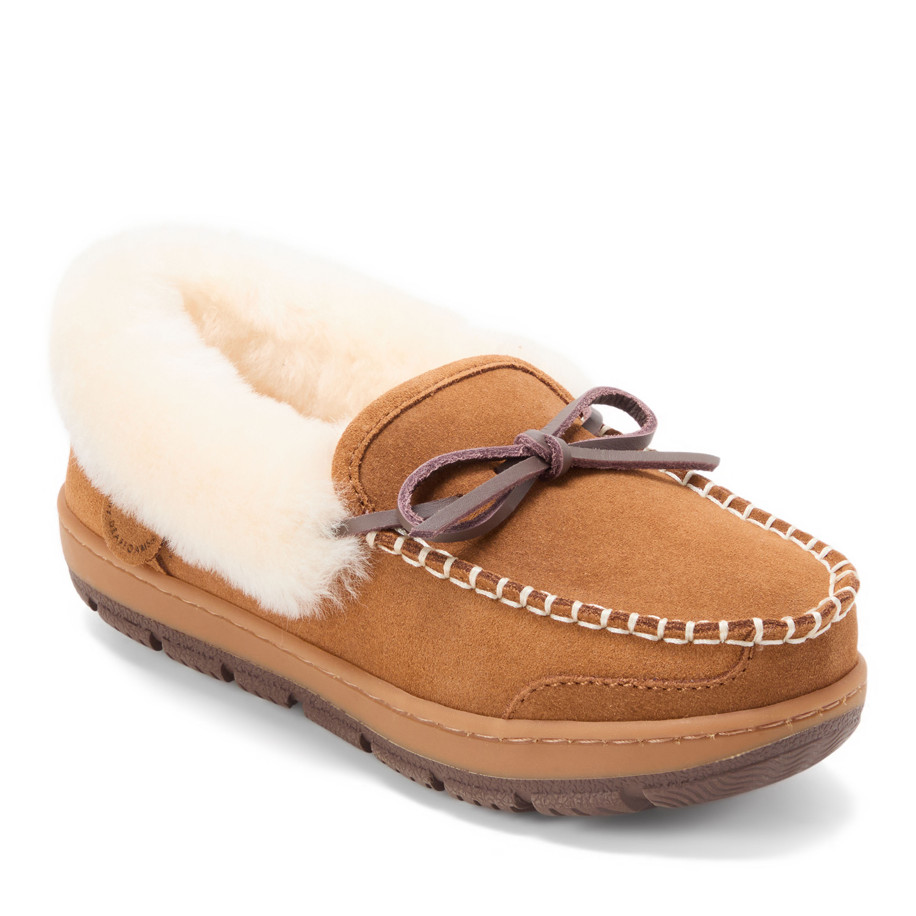 Dearfoams Women's Fireside Gladstone Moccasin Genuine Shearling with Stitching, Suede/Faux Shearling, Chestnut