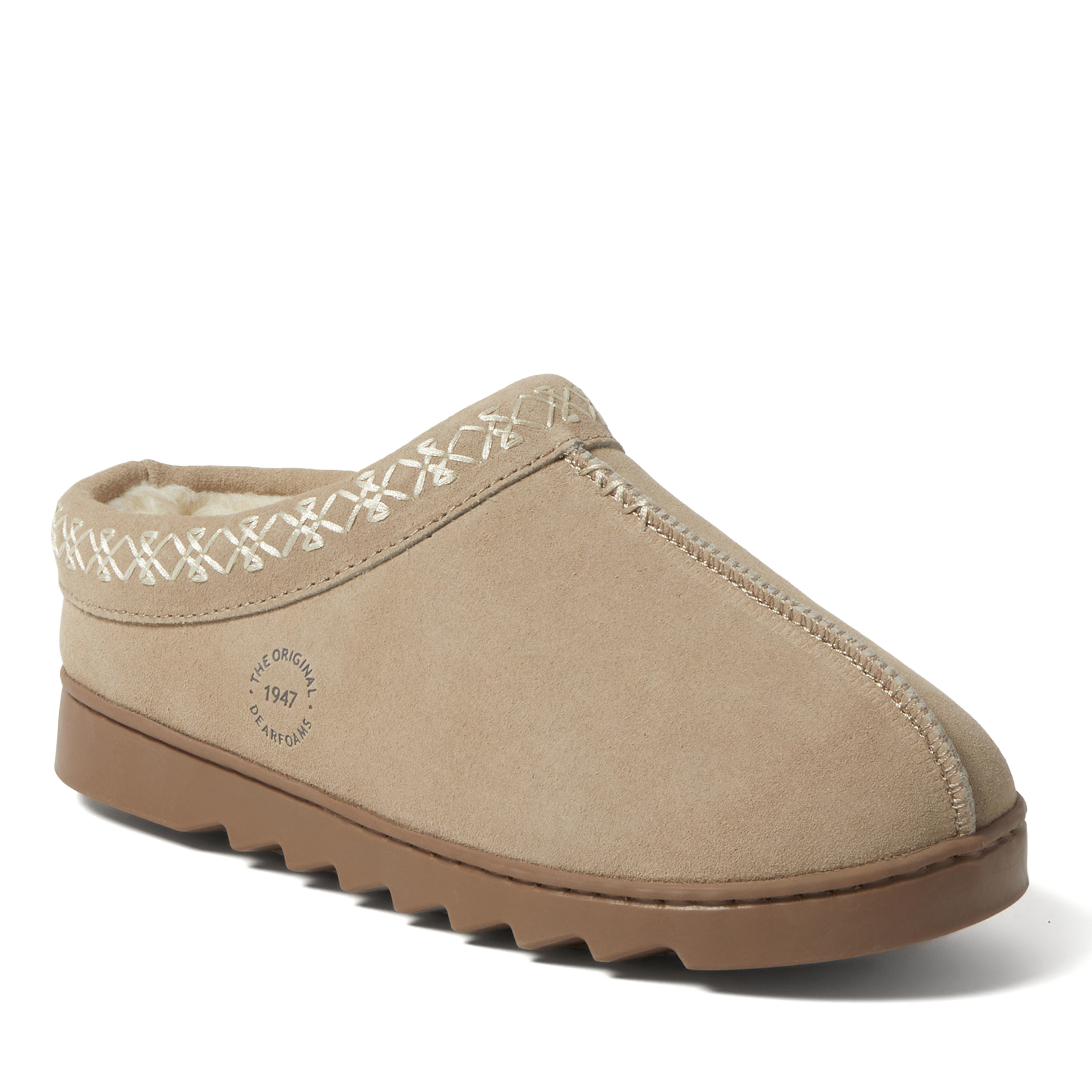 Dearfoams Women's Doreen Genuine Suede Clog with Embroidery, Suede/Faux Shearling, Sand