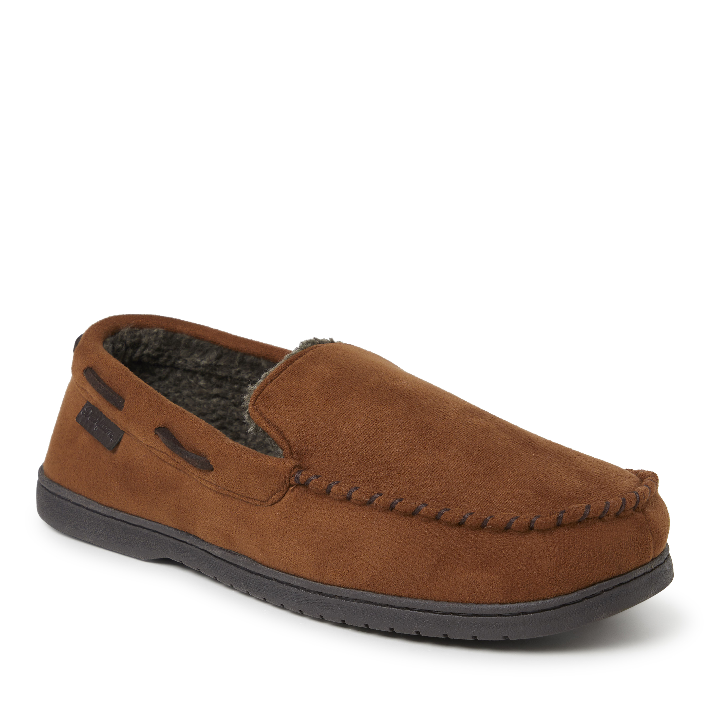 Dearfoams Keaton Perforated Microfiber Suede Moc W Whipstitch Mens Moccasin Slippers, X-large, Brown