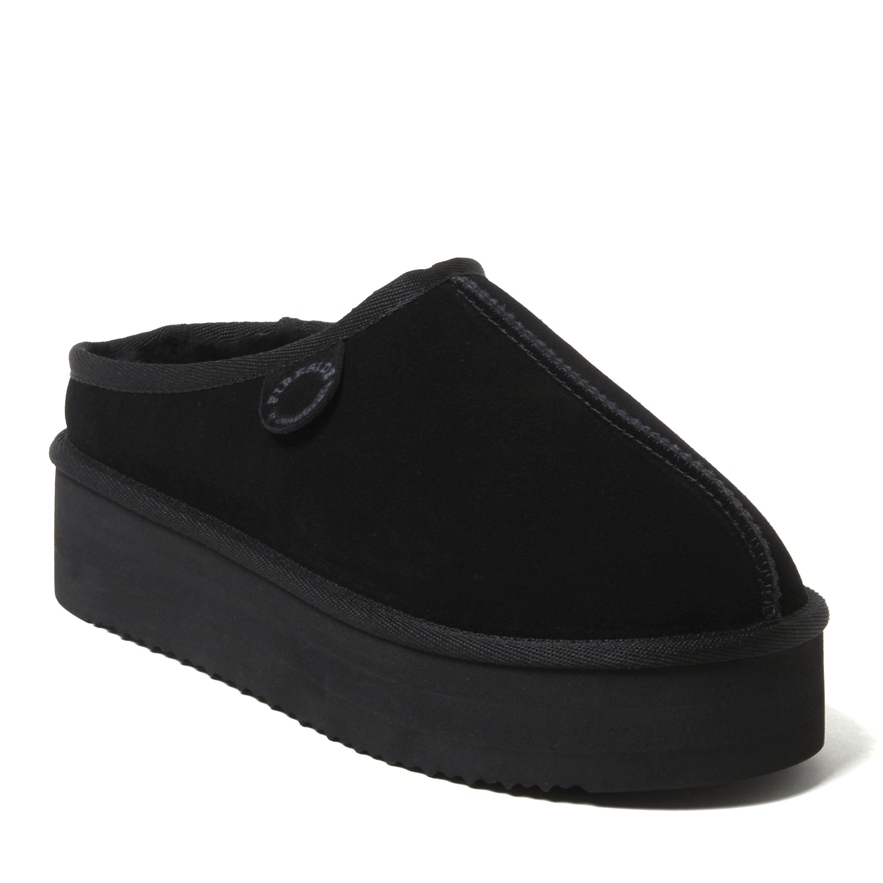 Women's Fireside by Dearfoams Queenstown Platform Genuine Shearling Clog, Suede/Faux Shearling, Black