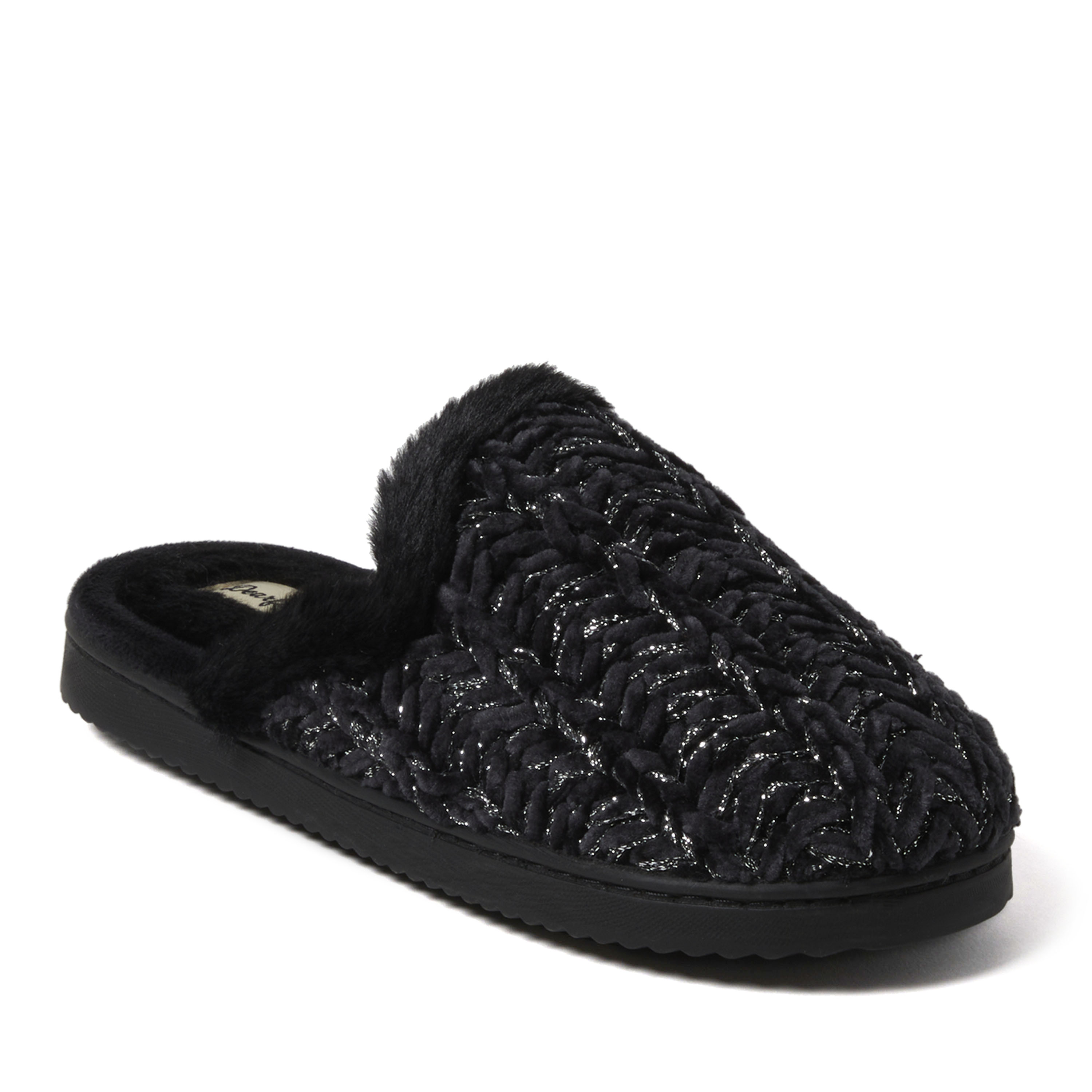 Dearfoams Paris Chenille Shaped Tab Scuff Womens Slip-On Slippers, Medium, Black