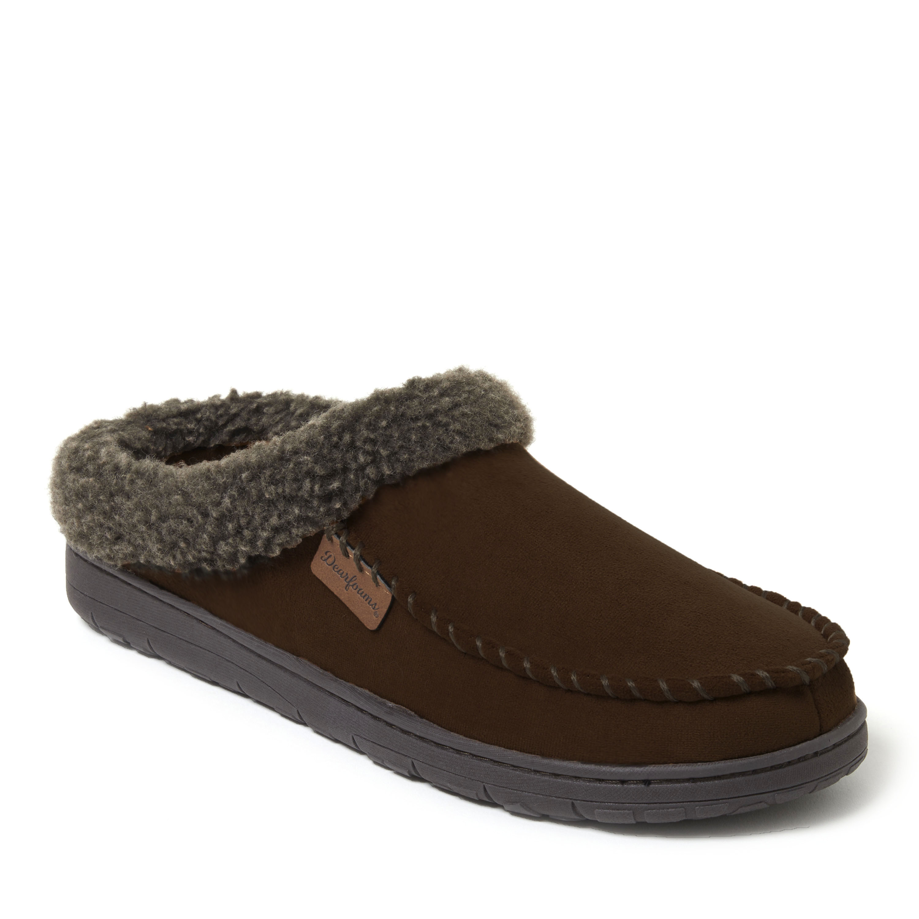Dearfoams Men's Microsuede Moccasin Toe House Shoe Clog Slipper - Coffee