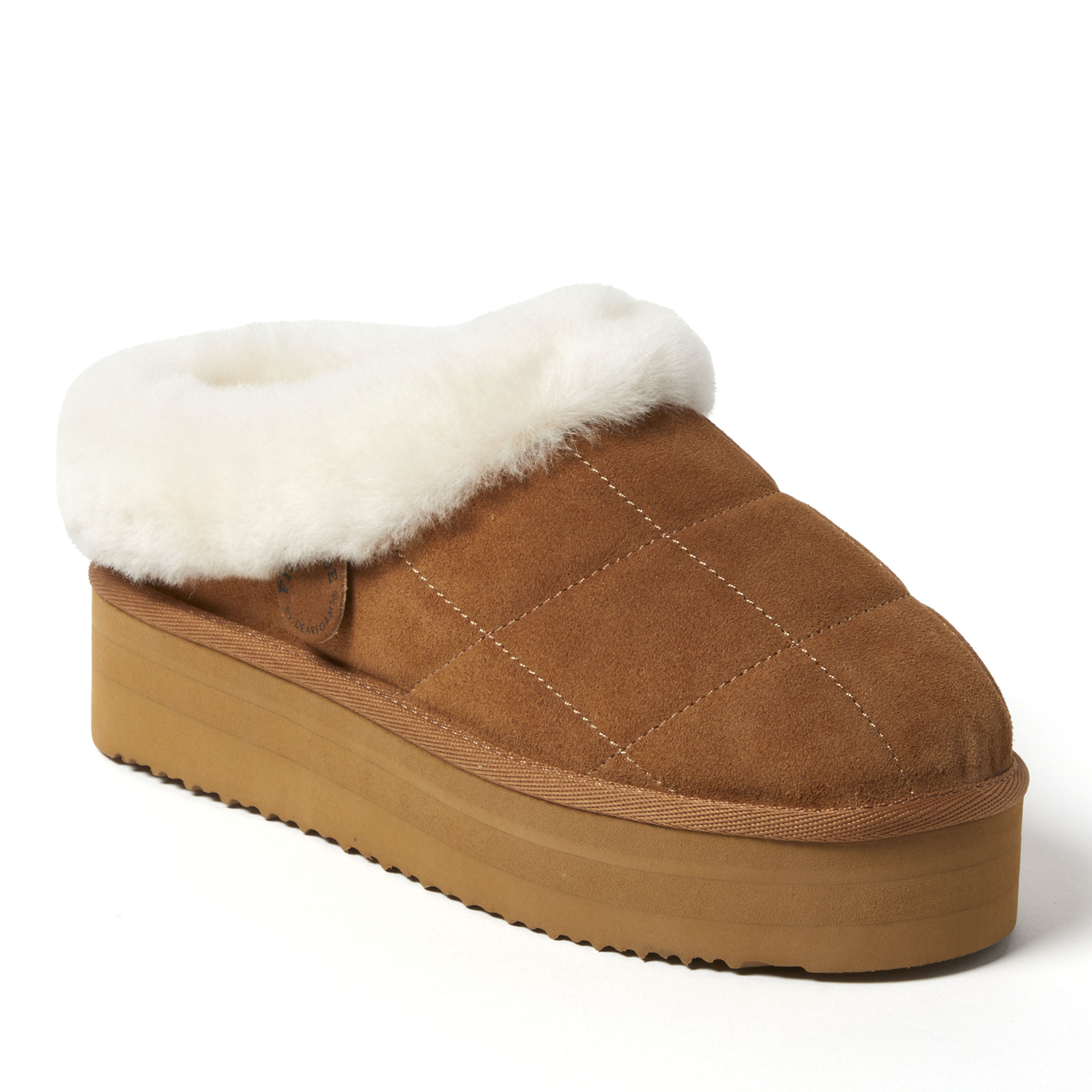 Women's Fireside by Dearfoams Bendigo Genuine Shearling Quilted Platform Clog, Suede/Faux Shearling, Chestnut